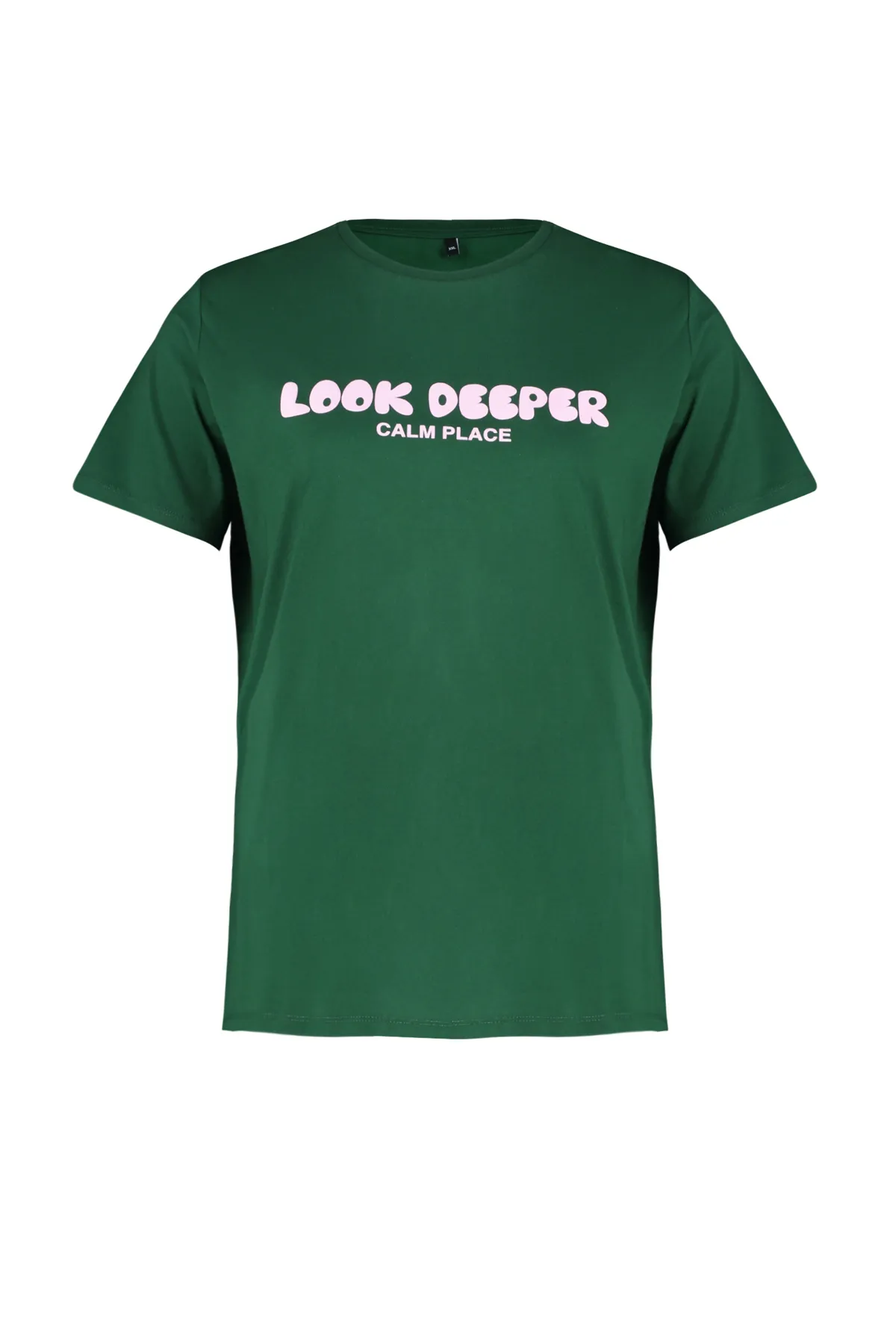 Trendyol Curve  Dunkelgrünes Boyfriend-Strick-T-Shirt mit Slogan-Print TBBSS24BF00036
