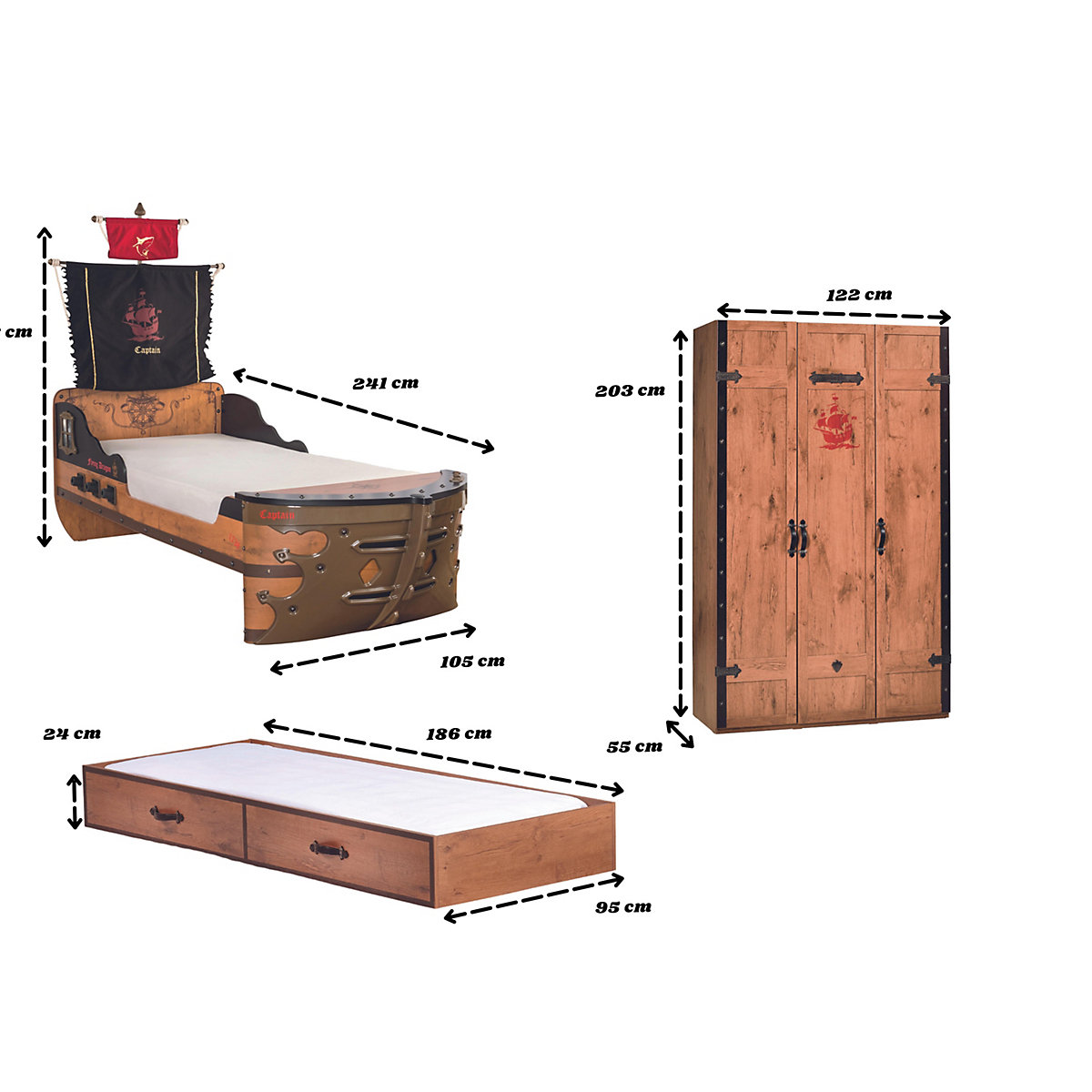 Kinderzimmer 2-teilig mit Piratenbett in Schiffsform inkl. Ausziehbett