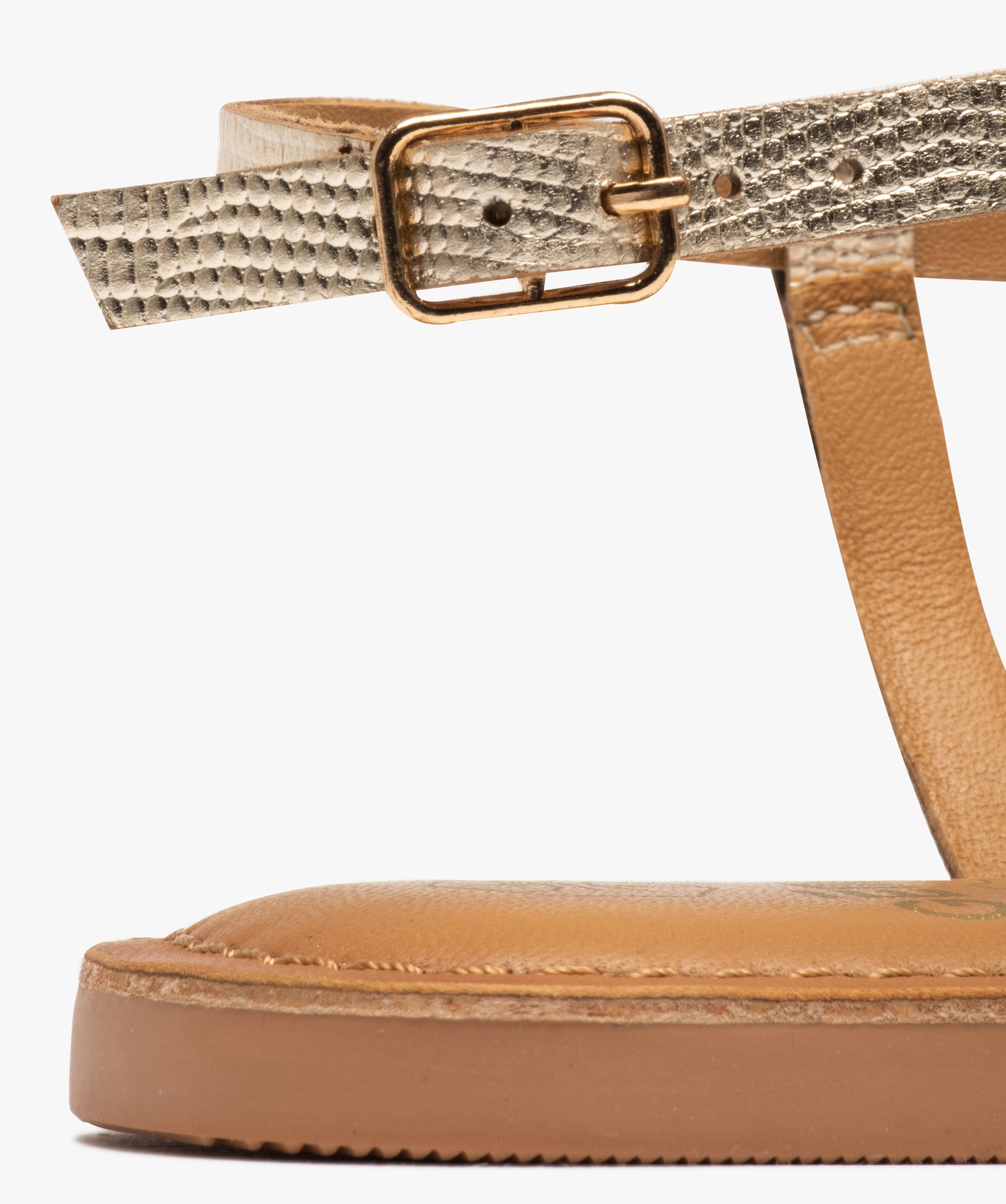Sandales femme à talon plat et fines brides en cuir métall... or | GEMO