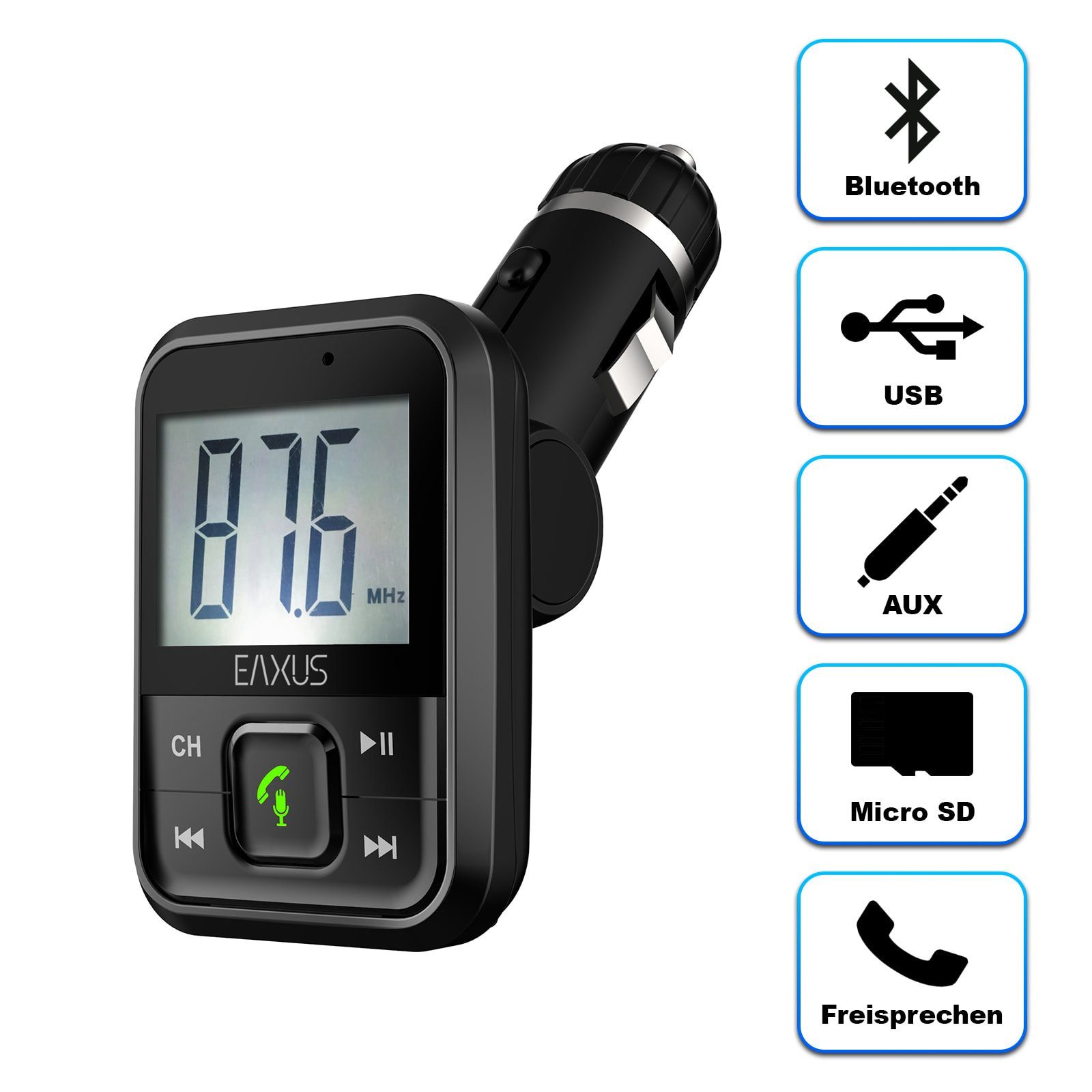 EAXUS Bluetooth FM-Transmitter für Autoradio KFZ-Transmitter Bluetooth, 3,5-mm-Klinke, microSD, USB-Sticks, Mit Freisprechfunktion und USB-Anschluss zum Laden