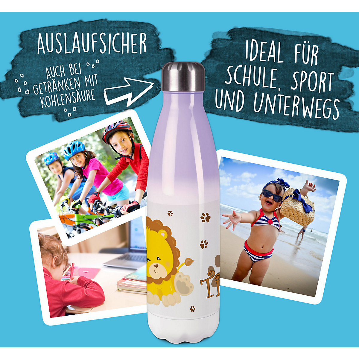 Edelstahl Kinder Thermoflasche / Trinkflasche bunt Löwe Spülmaschinenfest, Auslaufsicher, Bruchfest, Doppelwandig, Für Heißgetränke geeignet, Mit Deckel, Isoliert
