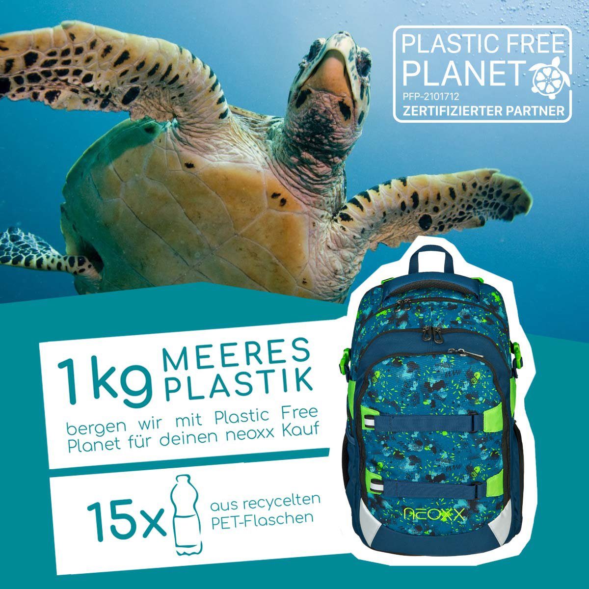 neoxx Schulrucksack Active, Petrol Extrem, aus recycelten PET-Flaschen