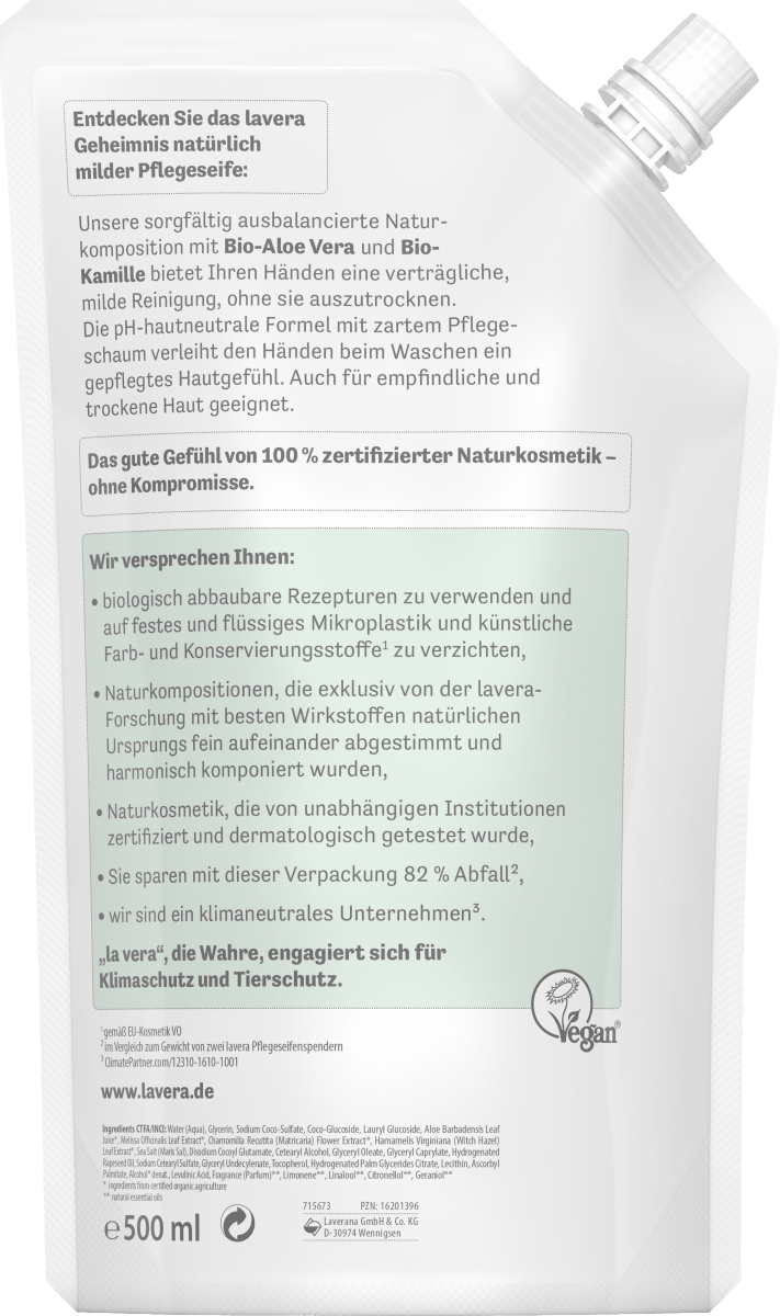 Flüssigseife Basis sensitiv mit Bio-Aloe Vera & Bio-Kamille, Nachfüllpack, 500 ml