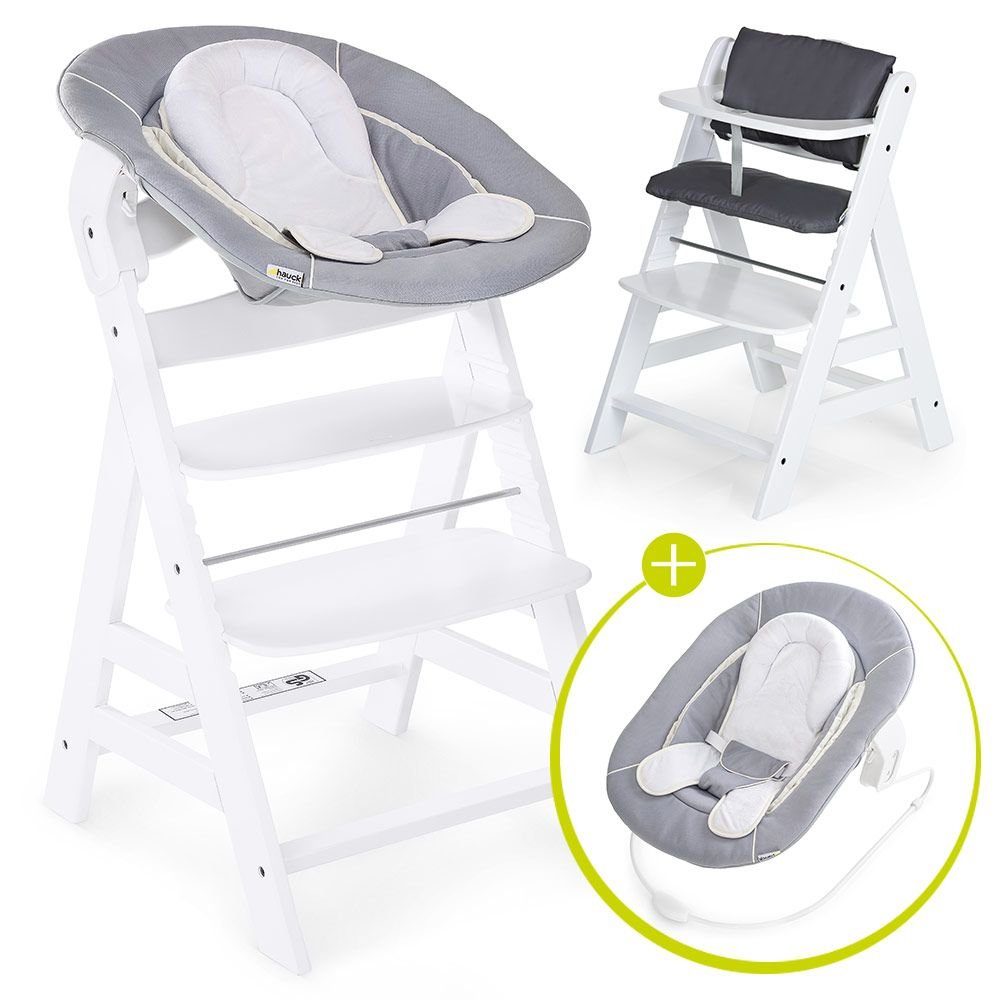 Hauck Hochstuhl Alpha Plus White - Newborn Set (Set, 4 St), Holz Babystuhl ab Geburt inkl. Aufsatz für Neugeborene & Sitzauflage