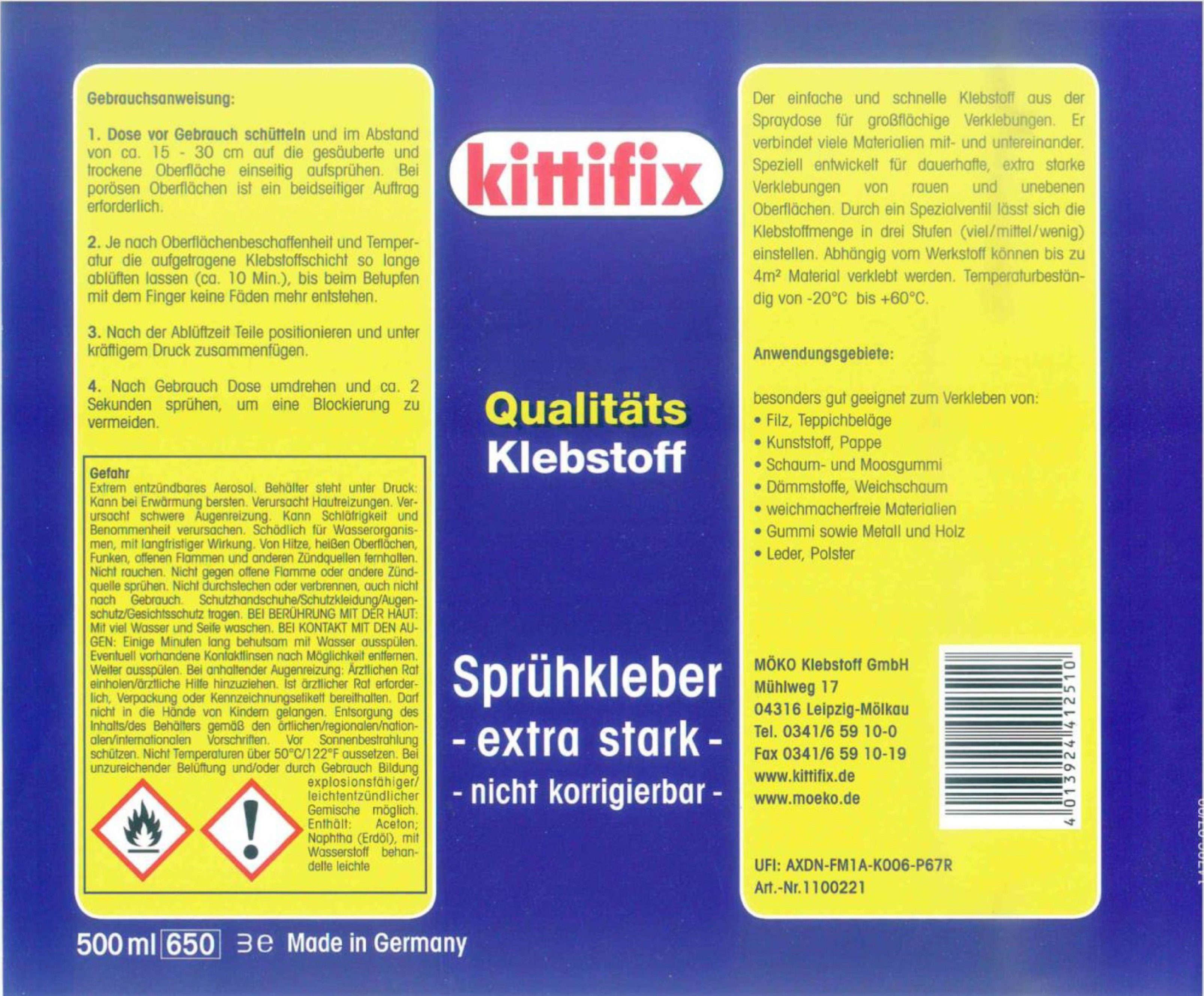 Kittifix Klebstoff Sprühkleber - extra stark - nicht korrigierbar 500ml, hohe Klebkraft extra stark