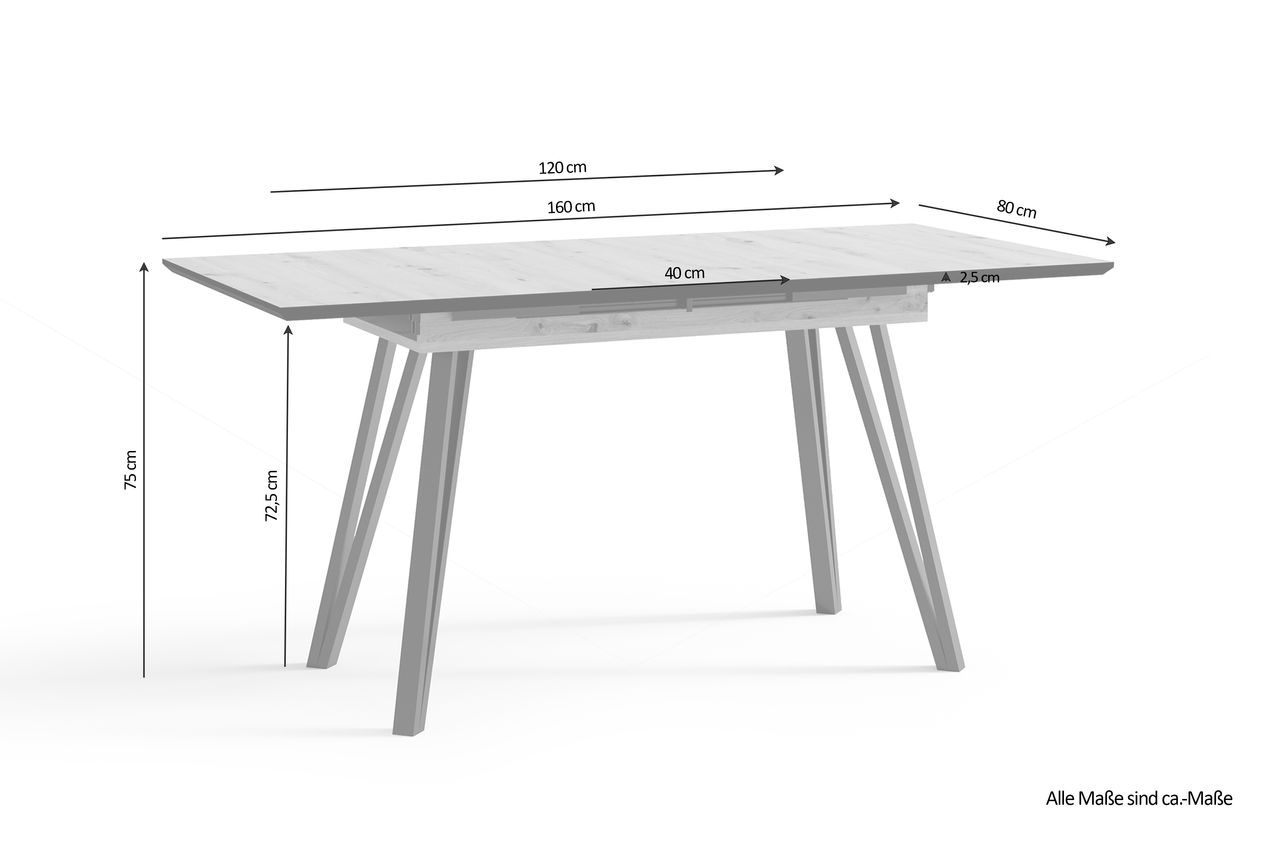 byLiving BERLIN Tisch mit Auszug, Breite 120 cm, Metall schwarz pulverbeschichtet, Eiche-Optik