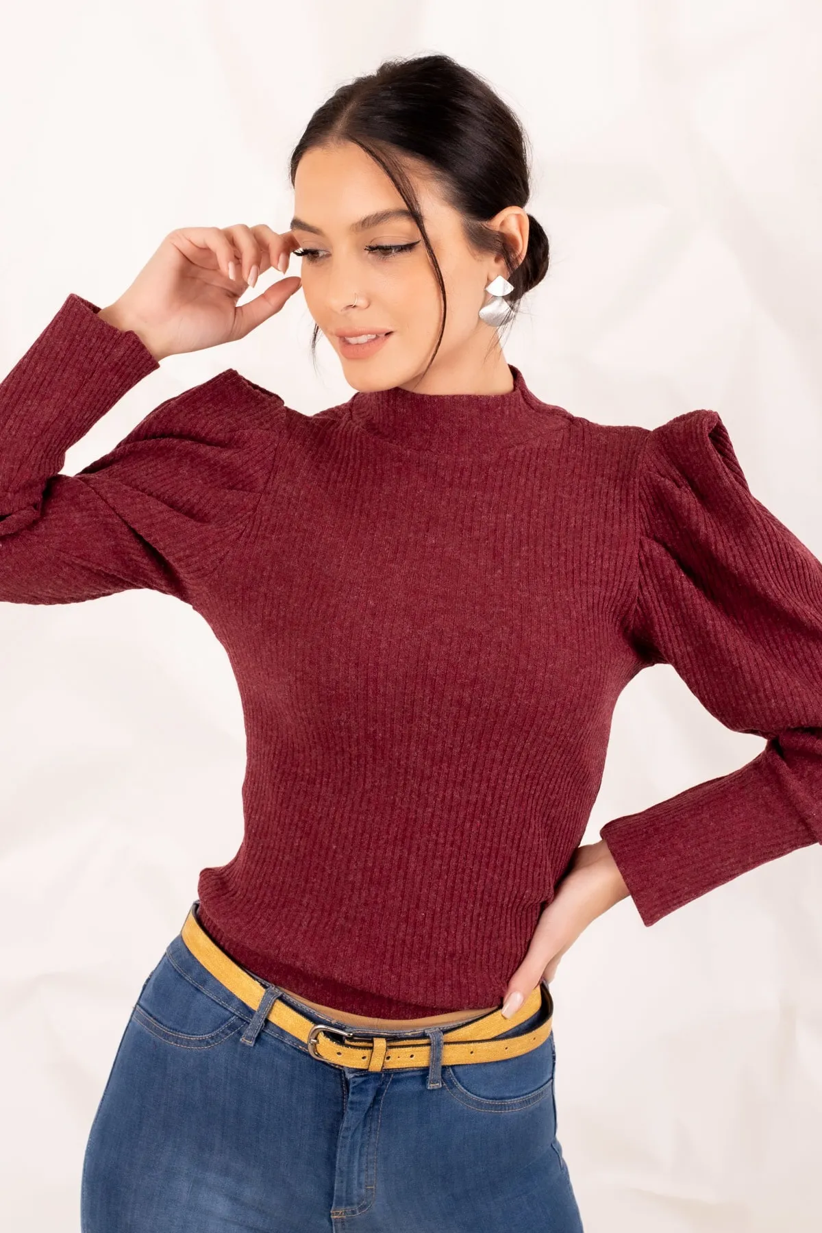 armonika  Burgunderroter Strickpullover mit Wassermelonenärmeln für Damen ARM-20K001103