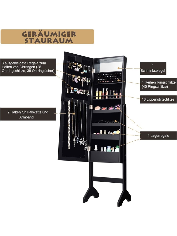 COSTWAY Schmuckschrank mit 18 LEDS in Schwarz günstig kaufen 145 cm