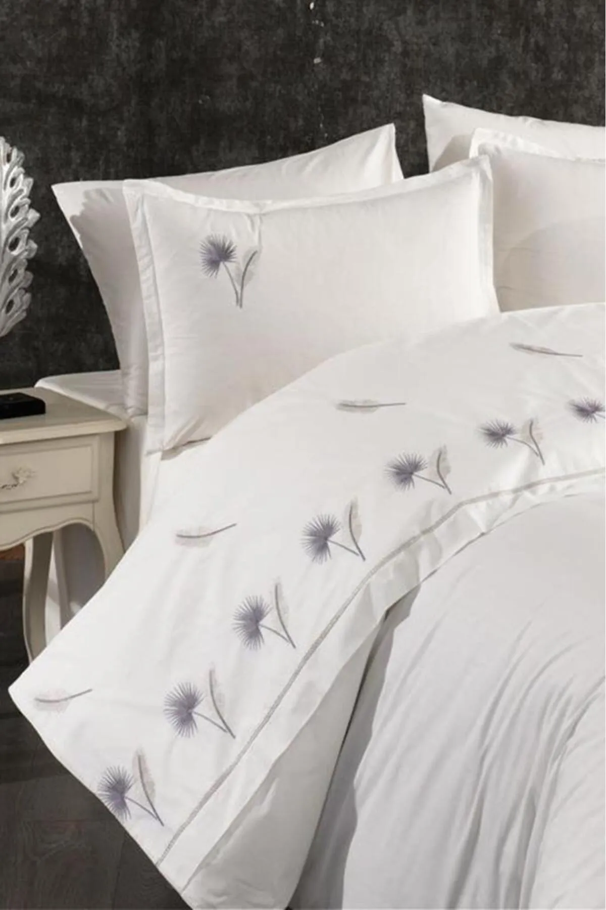Çeyiz Diyarı  Bettwäsche-Set für Doppelbett, 100 % Baumwolle, mit Palmenstickerei, Grau