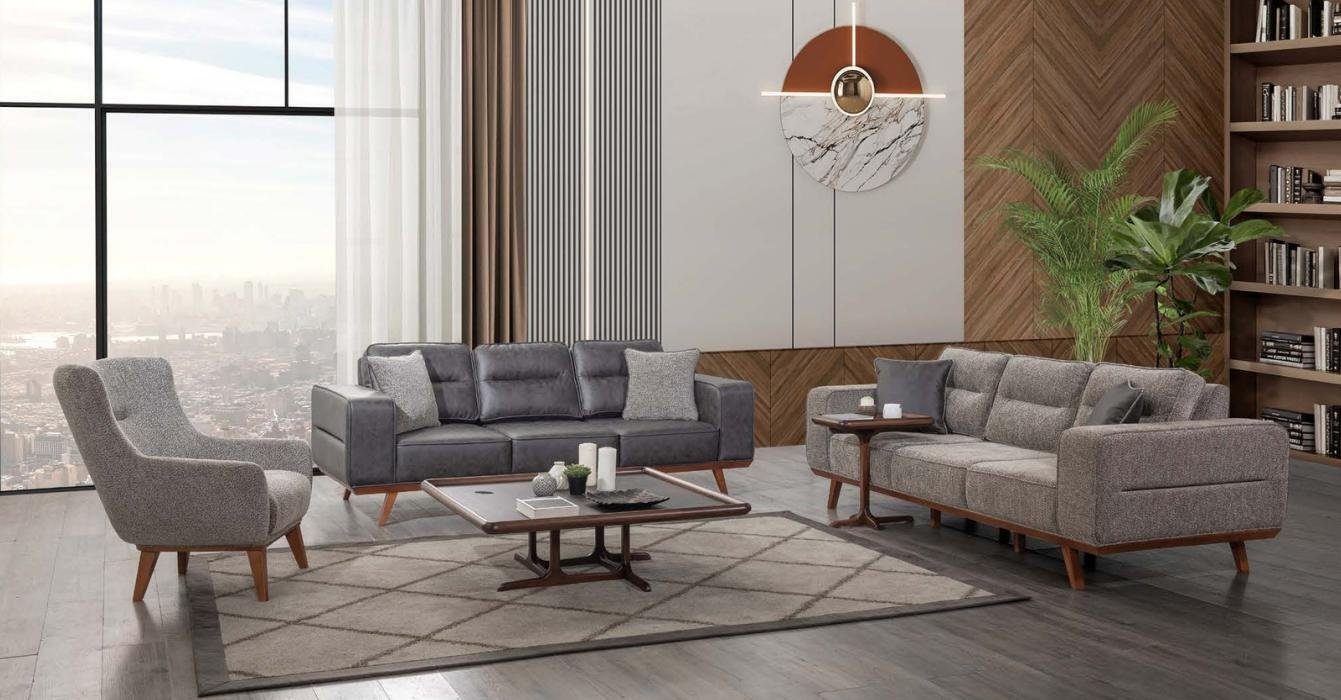 JVmoebel Wohnzimmer-Set Graue Komplette Wohnzimmer Sofagarnitur 2x Dreisitzer Sessel 3tlg Set, (3-St., 2x Sofa 3-Sitzer/Sessel), Made in Europa