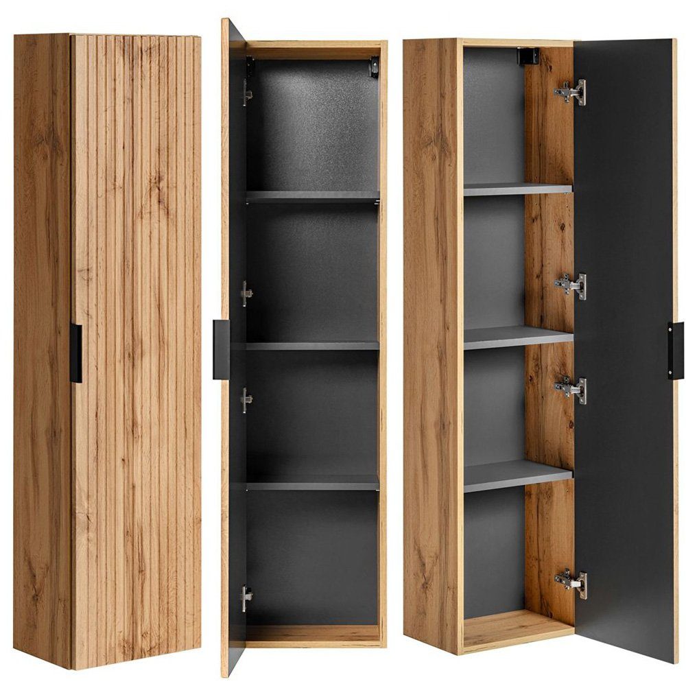 Lomadox Badmöbel-Set ADELAIDE-56, (4-St), Eiche Rillenoptik Spiegel Waschbeckenschrank Waschbecken Hochschränke