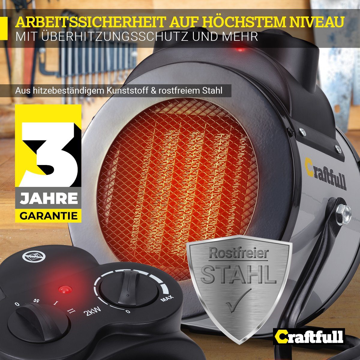 Craftfull Keramikheizlüfter Elektro Heizlüfter HL1000 inkl. 3 Jahre Garantie - Überhitzungsschutz, 2000 W, Elektroheizung Heizstrahler Heizgebläse Heizung - 3 Heizstufen