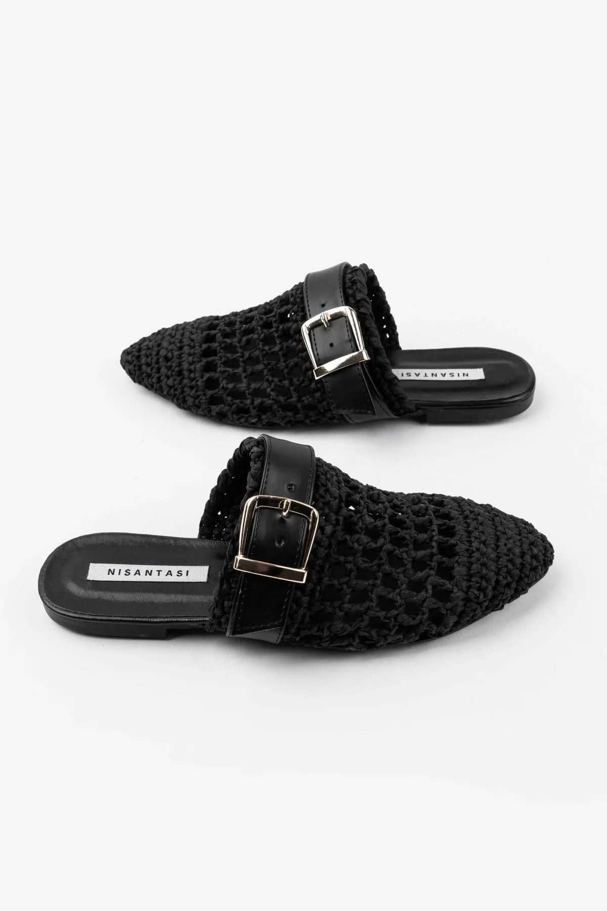 NİŞANTAŞI SHOES  Beste schwarze gestrickte Damenhausschuhe mit Gürteldetail und flacher Sohle