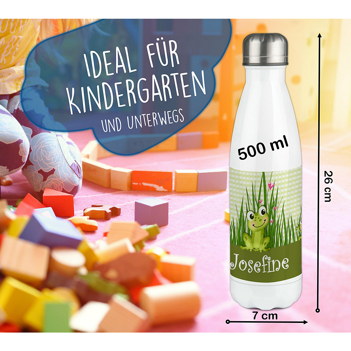 Edelstahl Kinder Thermoflasche / Trinkflasche bunt Frosch-Graß-Karo Spülmaschinenfest, Auslaufsicher, Bruchfest, Doppelwandig, Für Heißgetränke geeignet, Mit Deckel, Isoliert