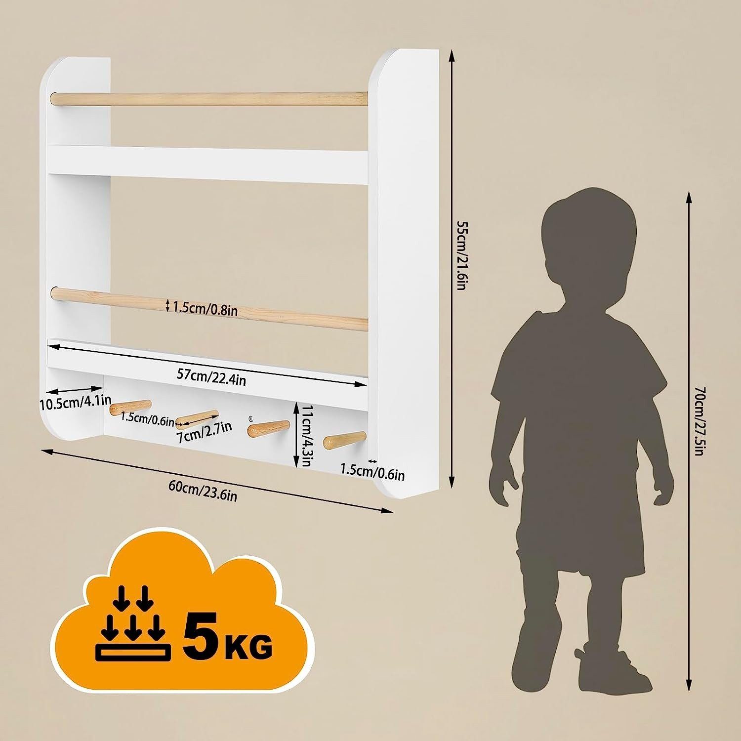 Woltu Kinderregal, 1-tlg., Bücherregal Wandregal mit 2 Ablagen 4 Hake aus MDF