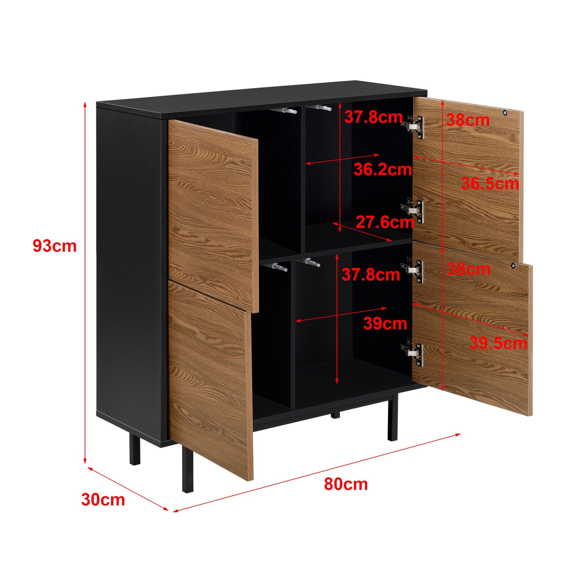 en.casa Beistellschrank Gnosjö Kommode 4 Türen Push-to-open-Technik Schwarz/Dunkler Holzton