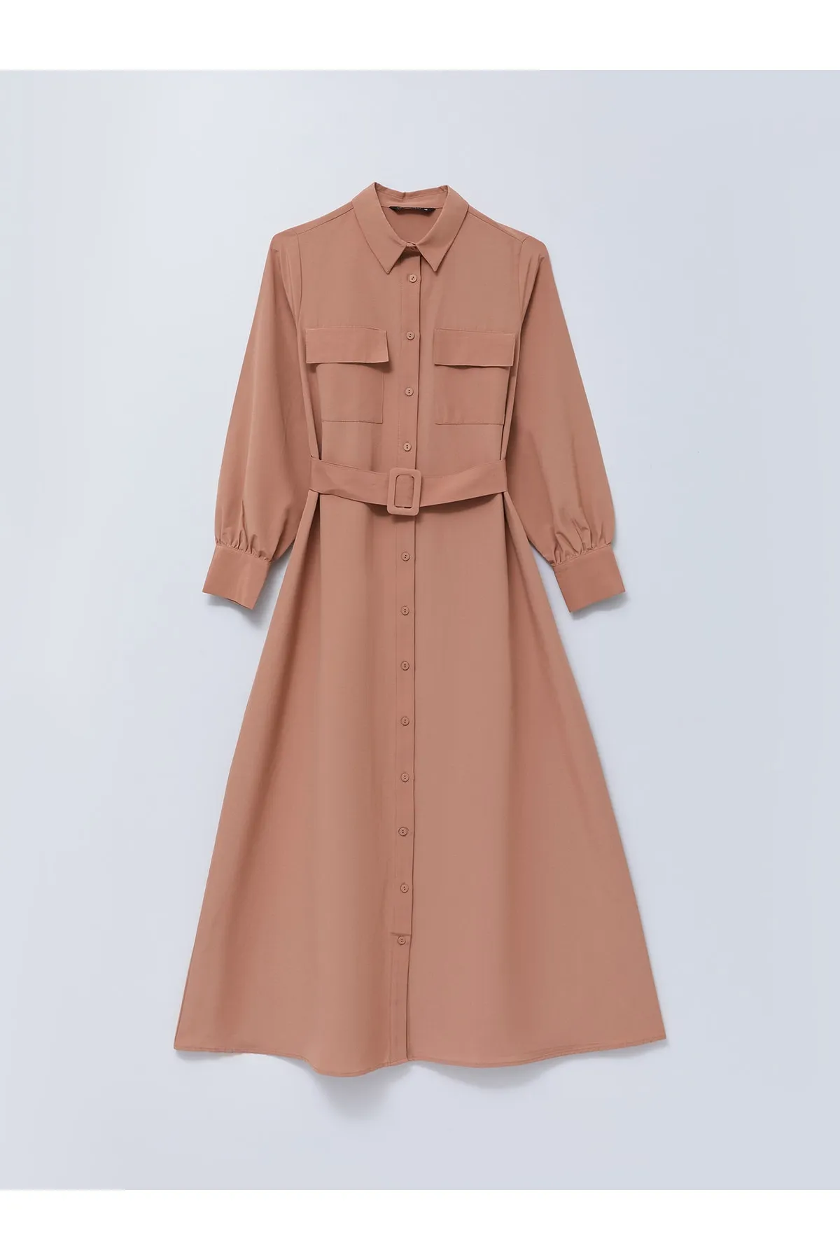 LC Waikiki  Damen-Hemdblusenkleid aus einfarbigem, langärmligem Popeline mit Knopfverschluss vorne