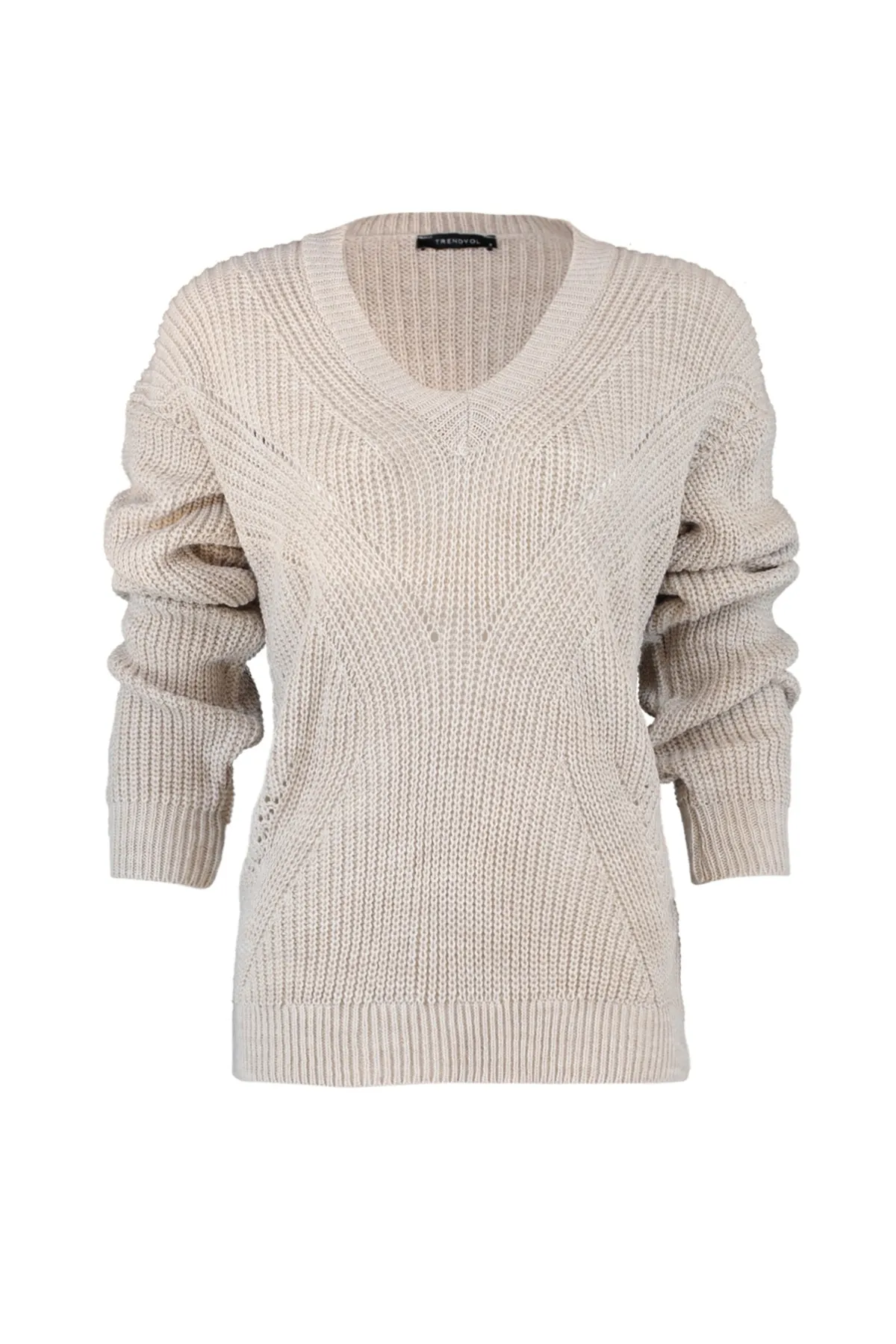 Trendyol Collection  Beigefarbener Strickpullover mit V-Ausschnitt und Lochmuster TWOAW21KZ0690