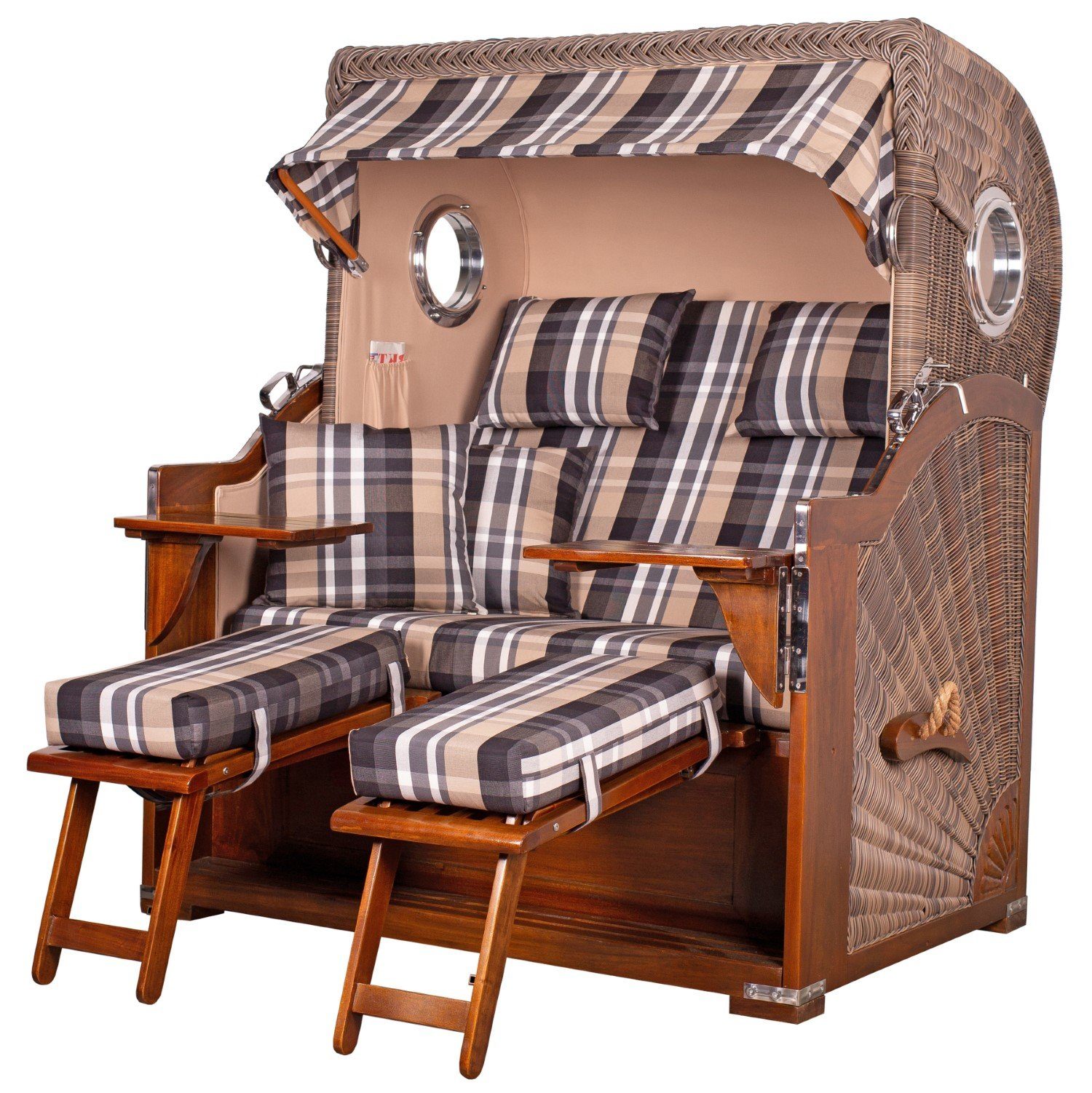 bene living Strandkorb Königssee 2,5-Sitzer Mahagoni, PE grau, Modell 583, BxTxH: 142x95x170 cm, Volllieger ca. 175 Grad, Ostsee-Strandkorb, inkl. Liftersystem und Bullaugen