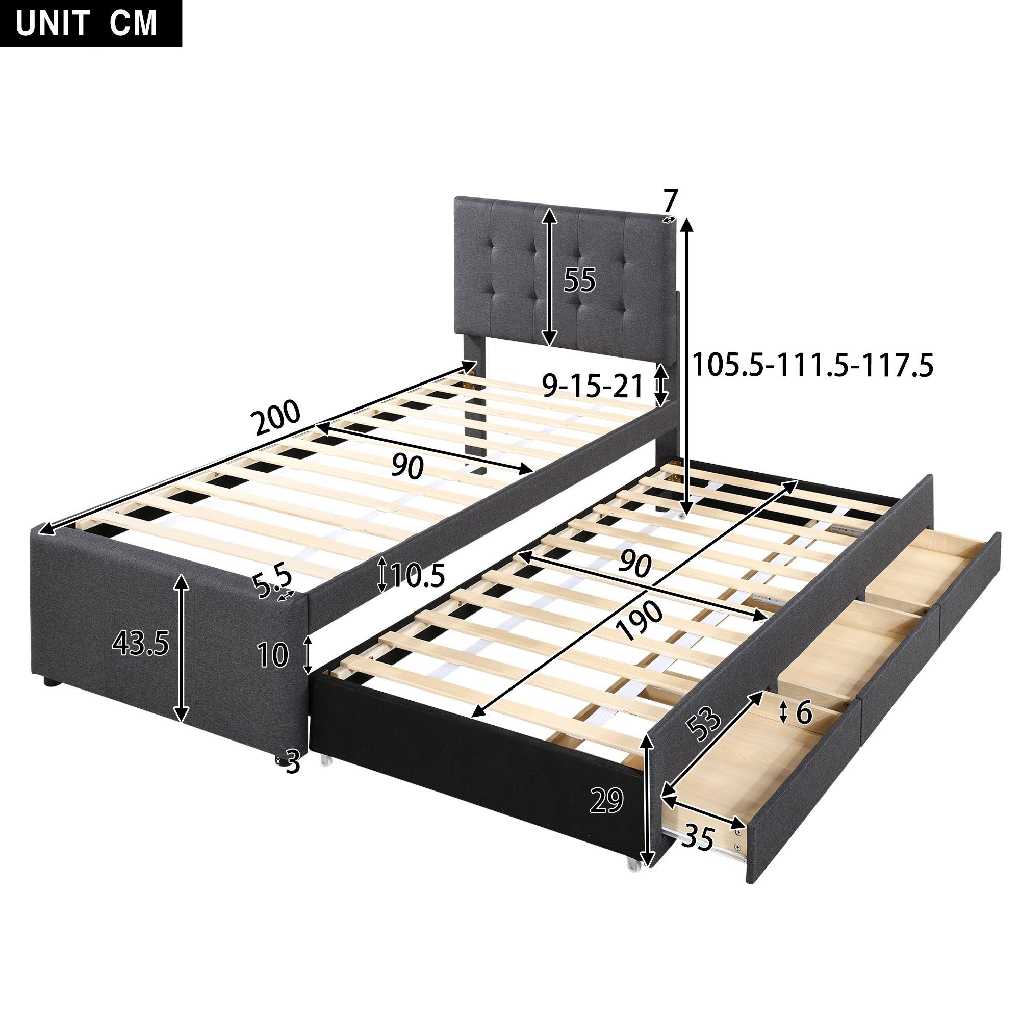 Ulife Polsterbett Doppelbett ausziehbares Bett Familienbett, Verstellbares Kopfteil, mit drei Schubladen, 90 x 200 cm