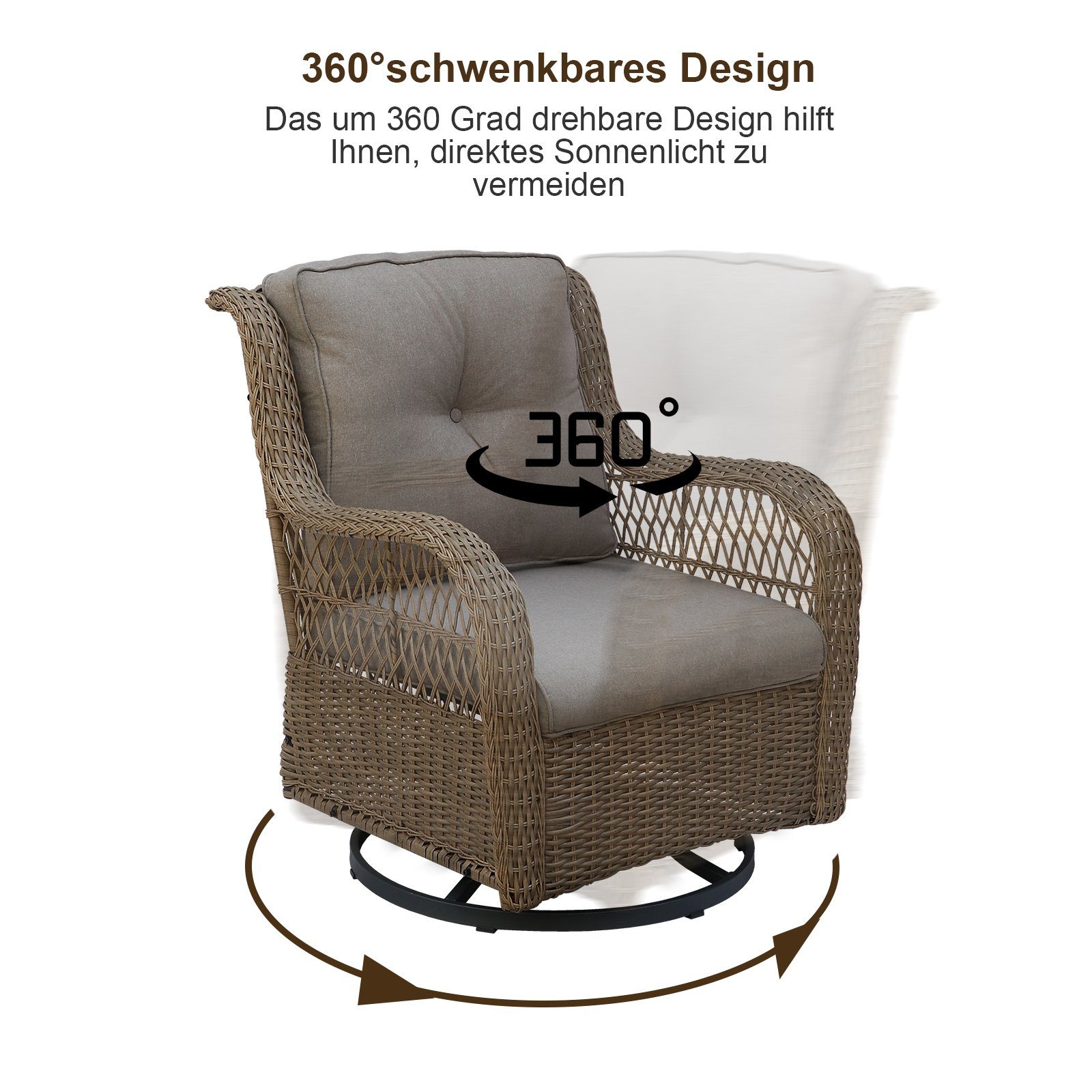 BIGTREE Rattanstuhl 3tlg.Drehbarer Sofasessel+Doppelter Tisch, 2 Farben