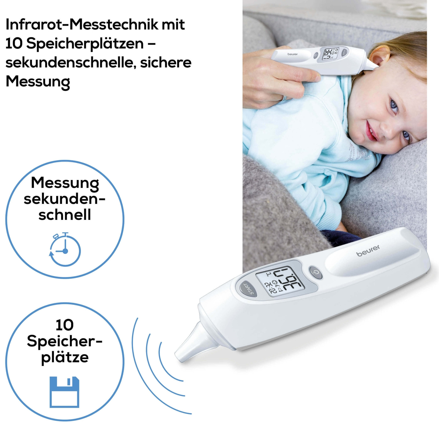 Beurer Ohrthermometer - FT 58-Ohrthermometer mit Infrarot-Messtechnik für hygienisches Messen