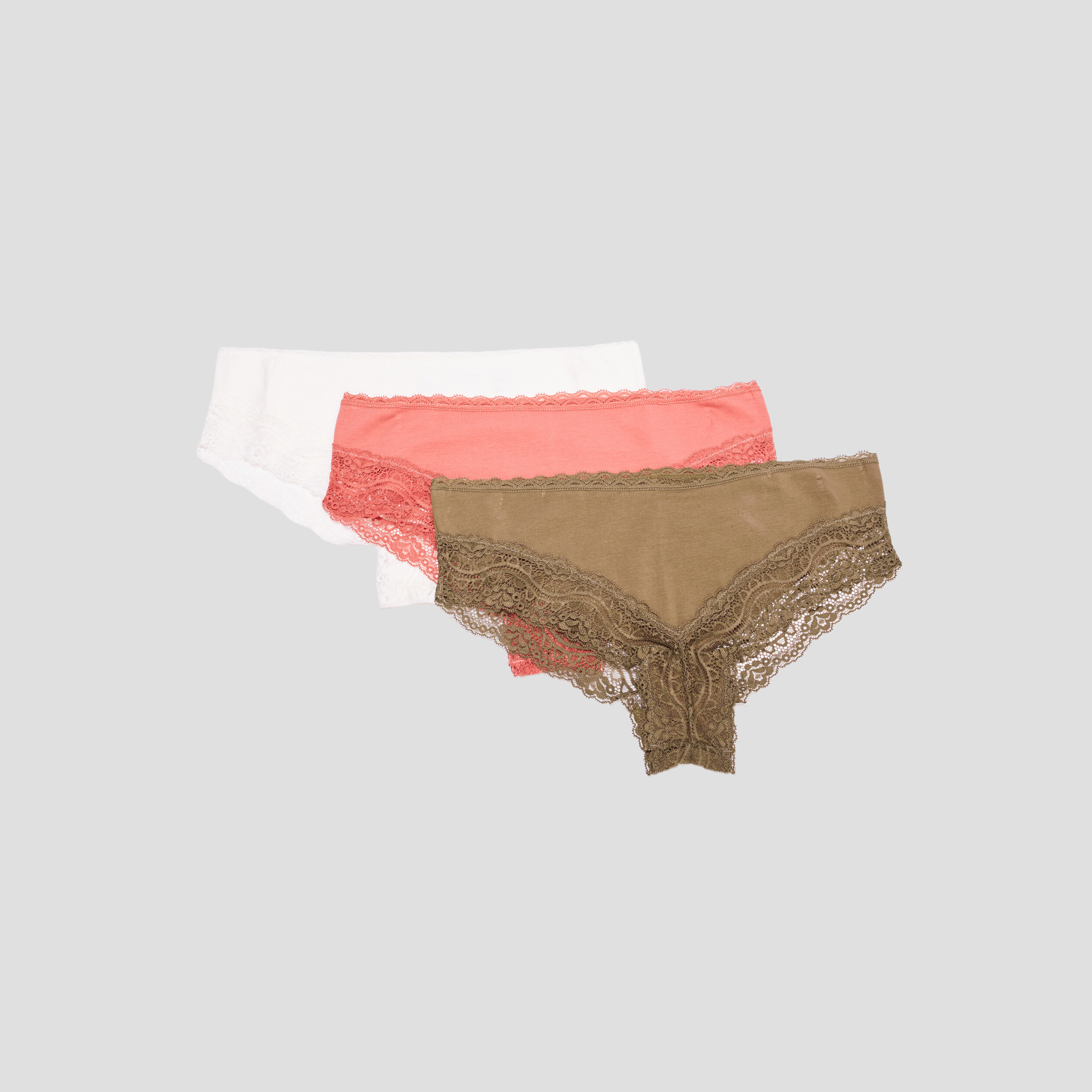 Lot 3 shortys en coton avec dentelle vert kaki femme | La Halle