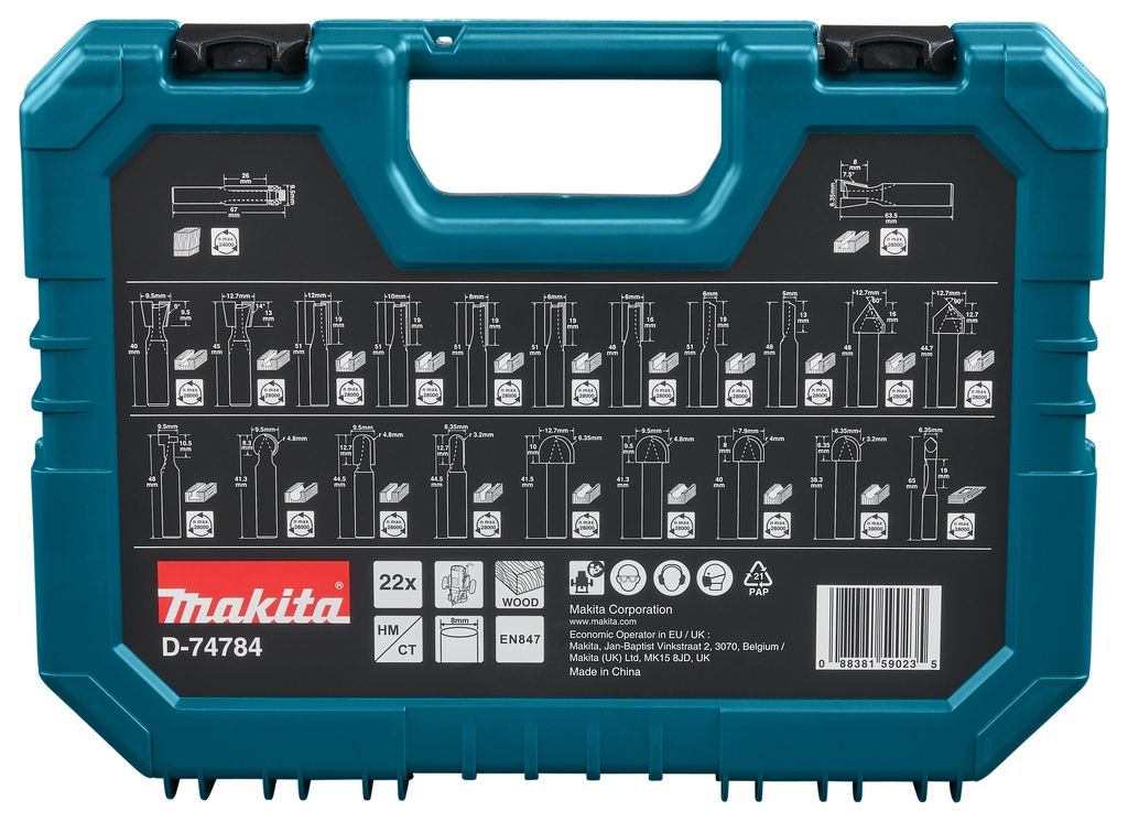 Set de freze Makita Accessories D-74784, 8 mm, 22 de piese în cutie de plastic