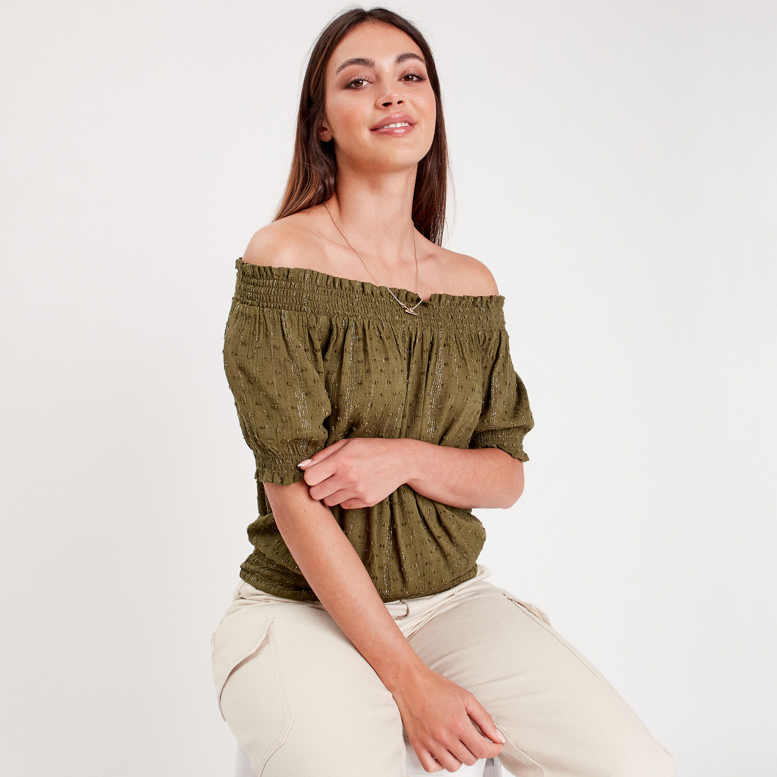 Blouse manches courtes à col bardot vert foncé femme | Cache Cache