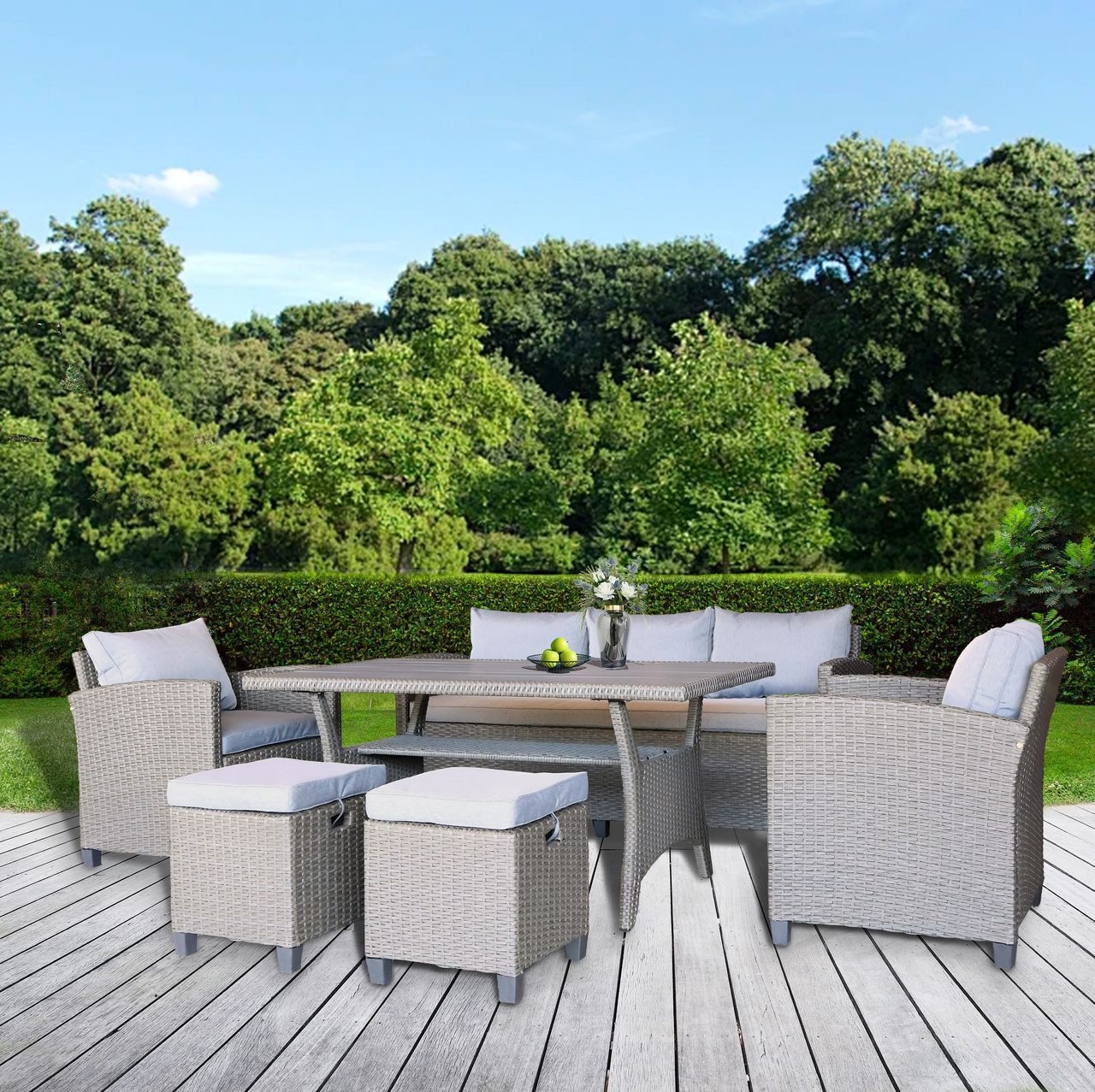 HC Garten & Freizeit Rattan Gartenmöbel Outdoor Gartensofa - 5 tlg. Gartenset inklusive Kissen - grau meliert