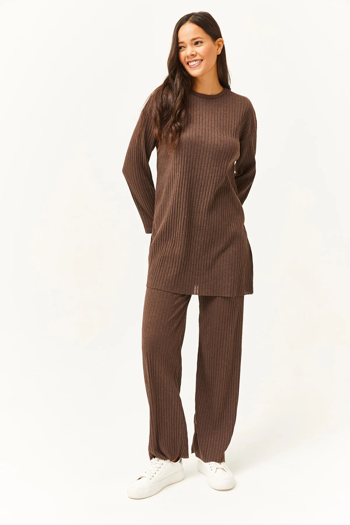 Olalook  Damen Bitterbraun Oberteil Schlitz Bluse Unterteil Palazzo Kordel Anzug TKM-19000180