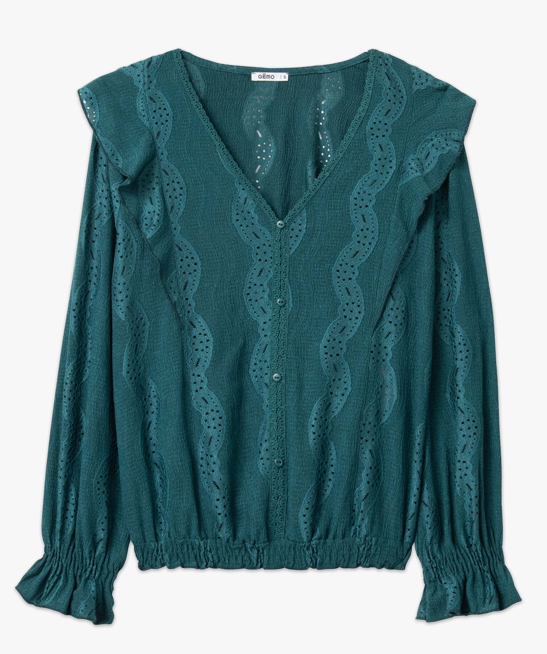 Tee-shirt femme à manches longues avec fronces et volants vert | GEMO