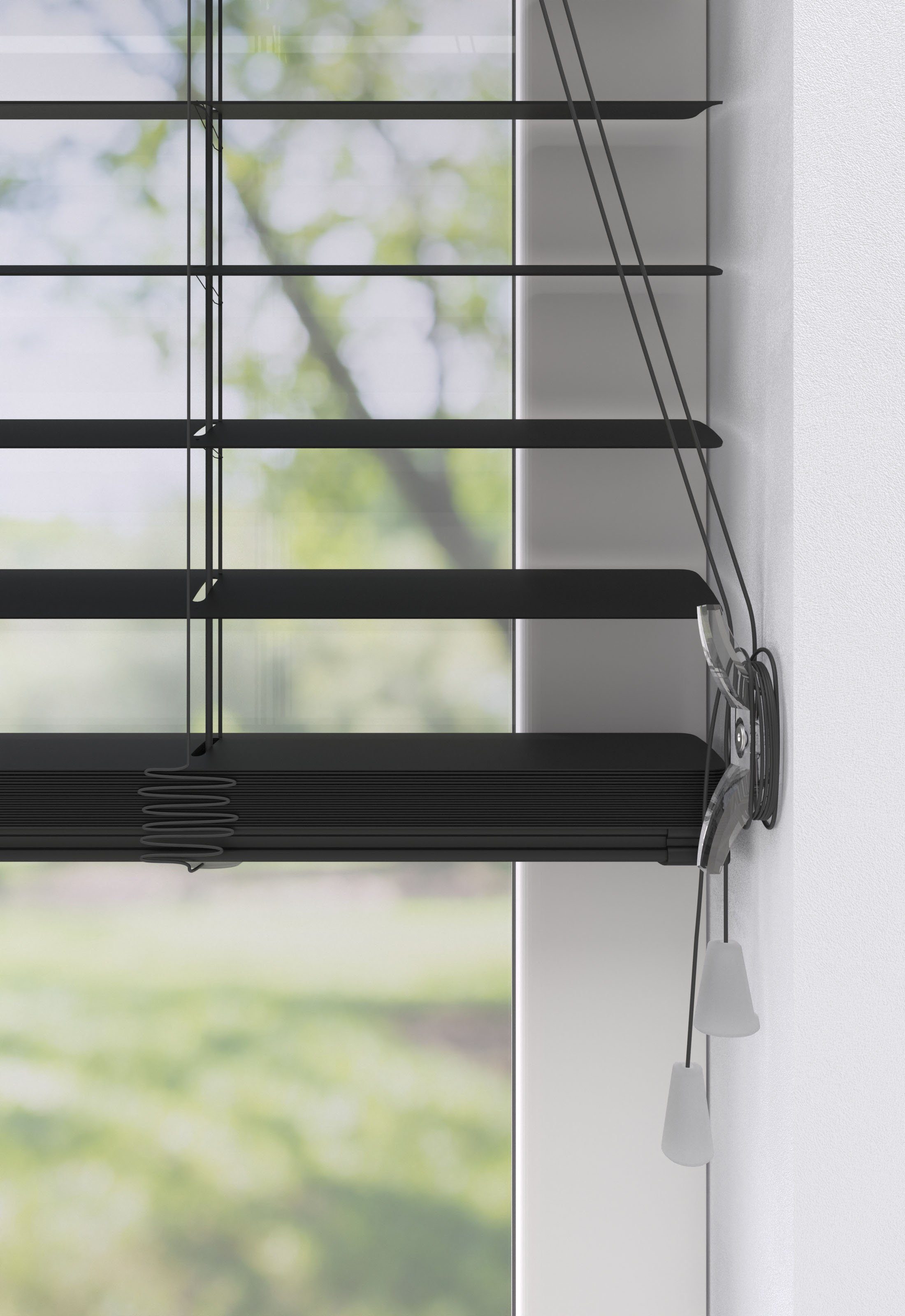 Jalousie Amalia, my home, mit Bohren, freihängend, 50mm Lamellen aus Aluminium-Matt, Bedienung durch Schnurzug