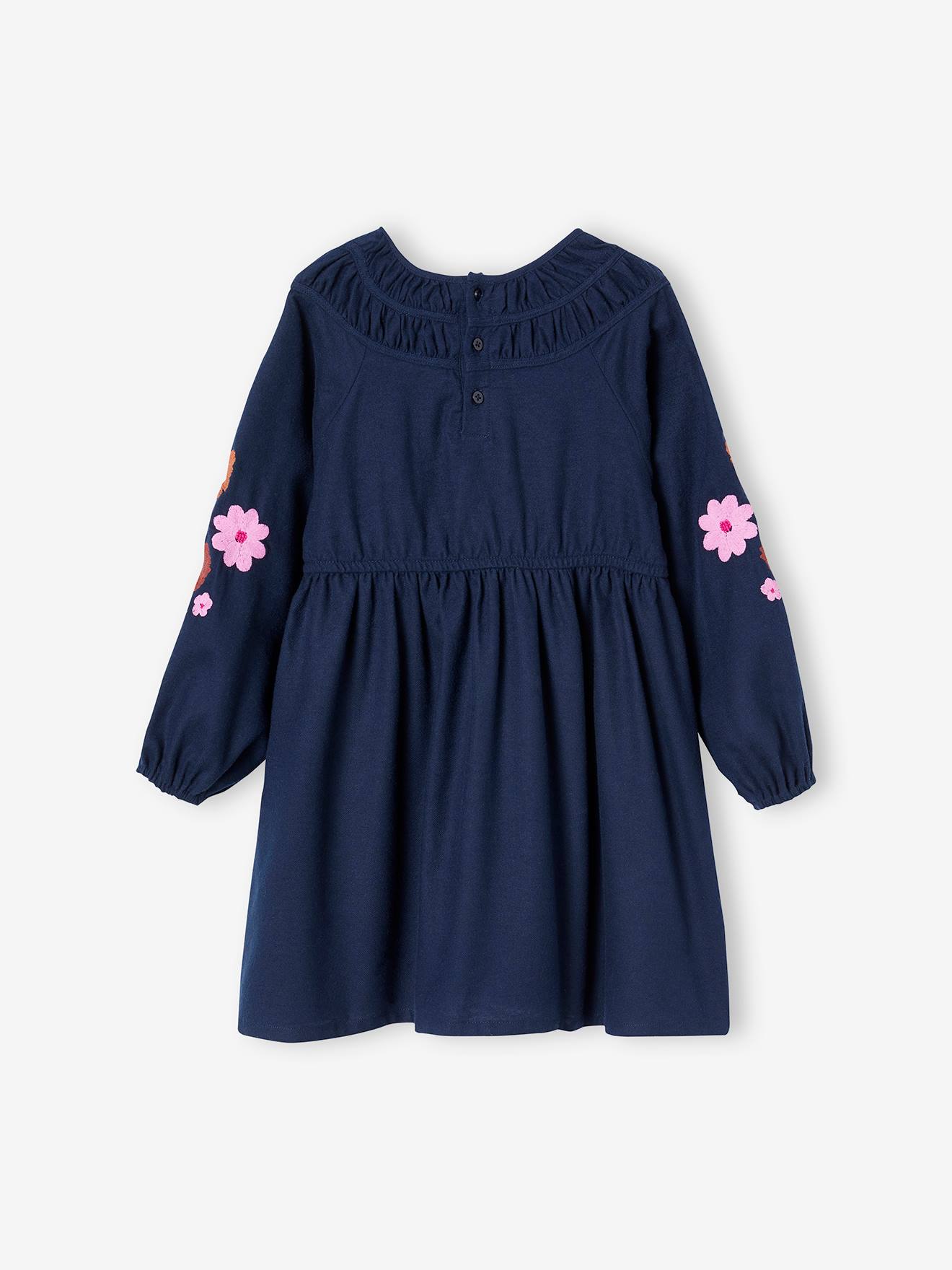 Vertbaudet Mädchen Kleid, bestickte Ärmel - nachtblau