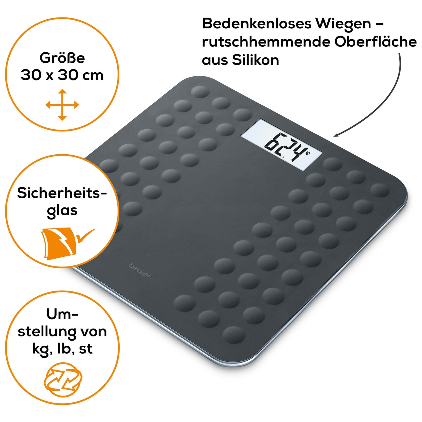 Beurer Glaswaage - GS 300 Black-Personenwaage aus Glas mit Silikonoberfläche - bis 180 kg