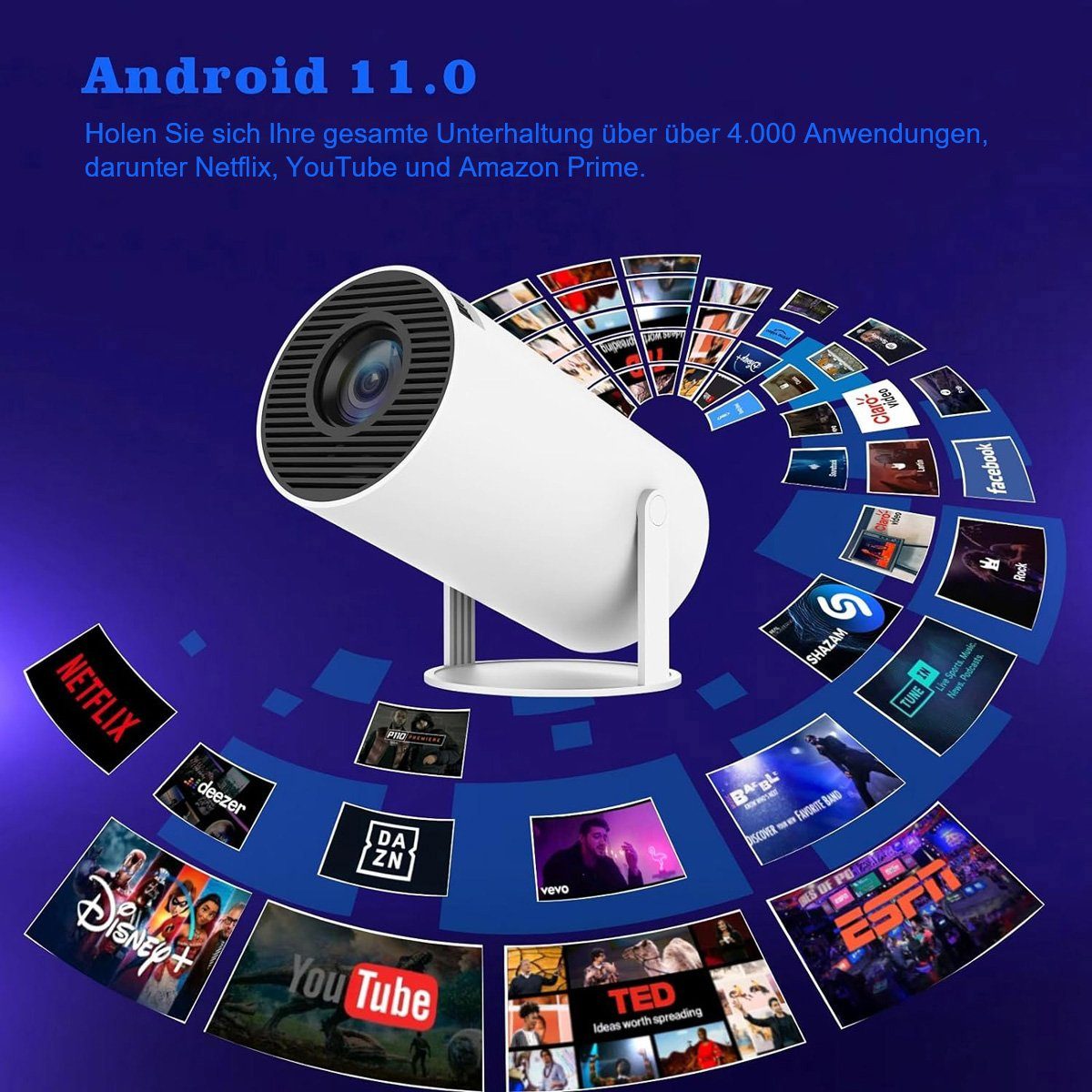 Yoyaxi 4K HD Mini-Projektor für Wände und Decken,automatische Trapezkorrektur Beamer (120 ANSI Smart WiFi 2.4G/5G Android 11.0 Projektor)