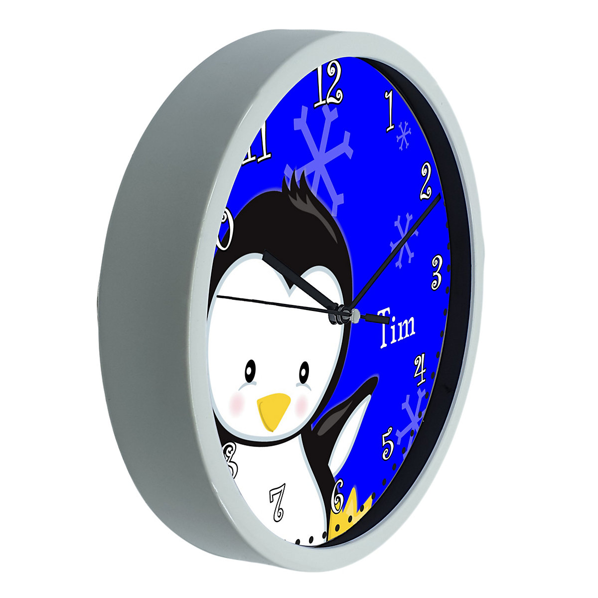 Kinder Wanduhr personalisiert mit Name Pinguin blau