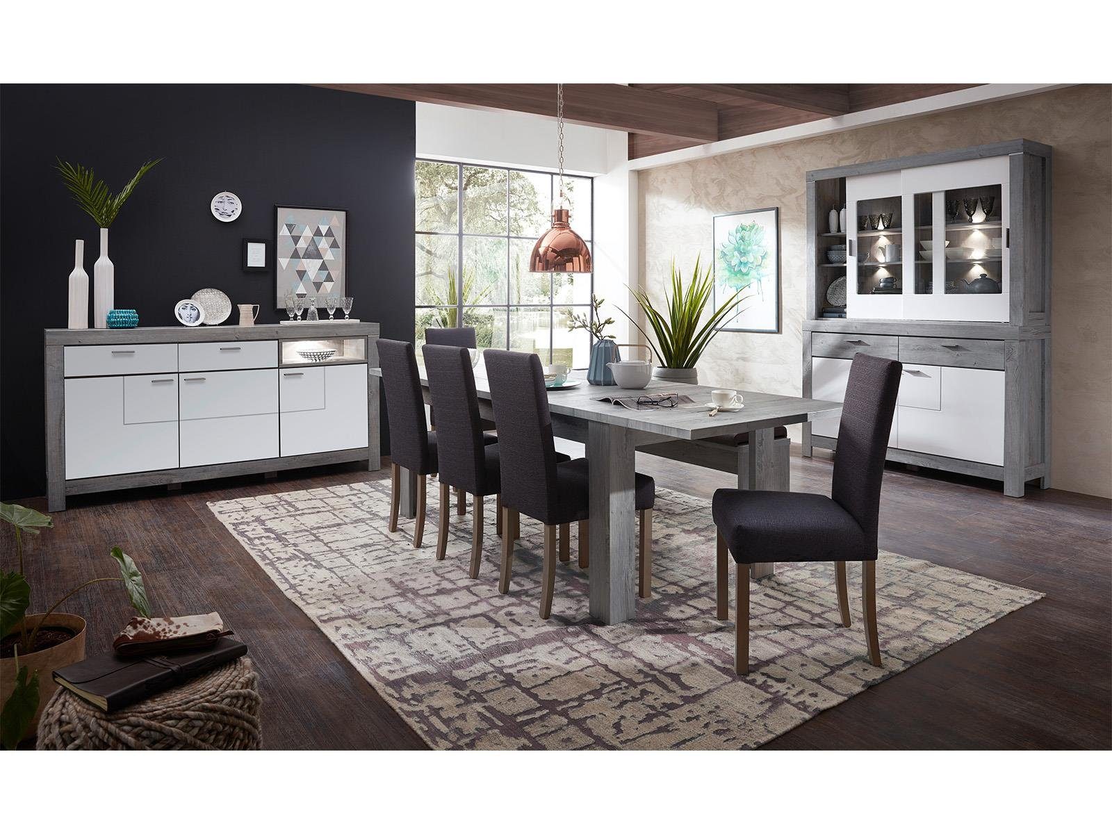 möbelando Buffet Gravesend Modernes Buffet in Haveleiche Nachbildung / Lack Laminat Weiß supermatt, Korpus aus Spanplatte, Front aus MDF bestehend aus 1 Sideboard und 1 Buffet-Aufsatz, inkl. LED-Beleuchtung. Breite 156 cm, Höhe 211 cm, Tiefe 42 cm