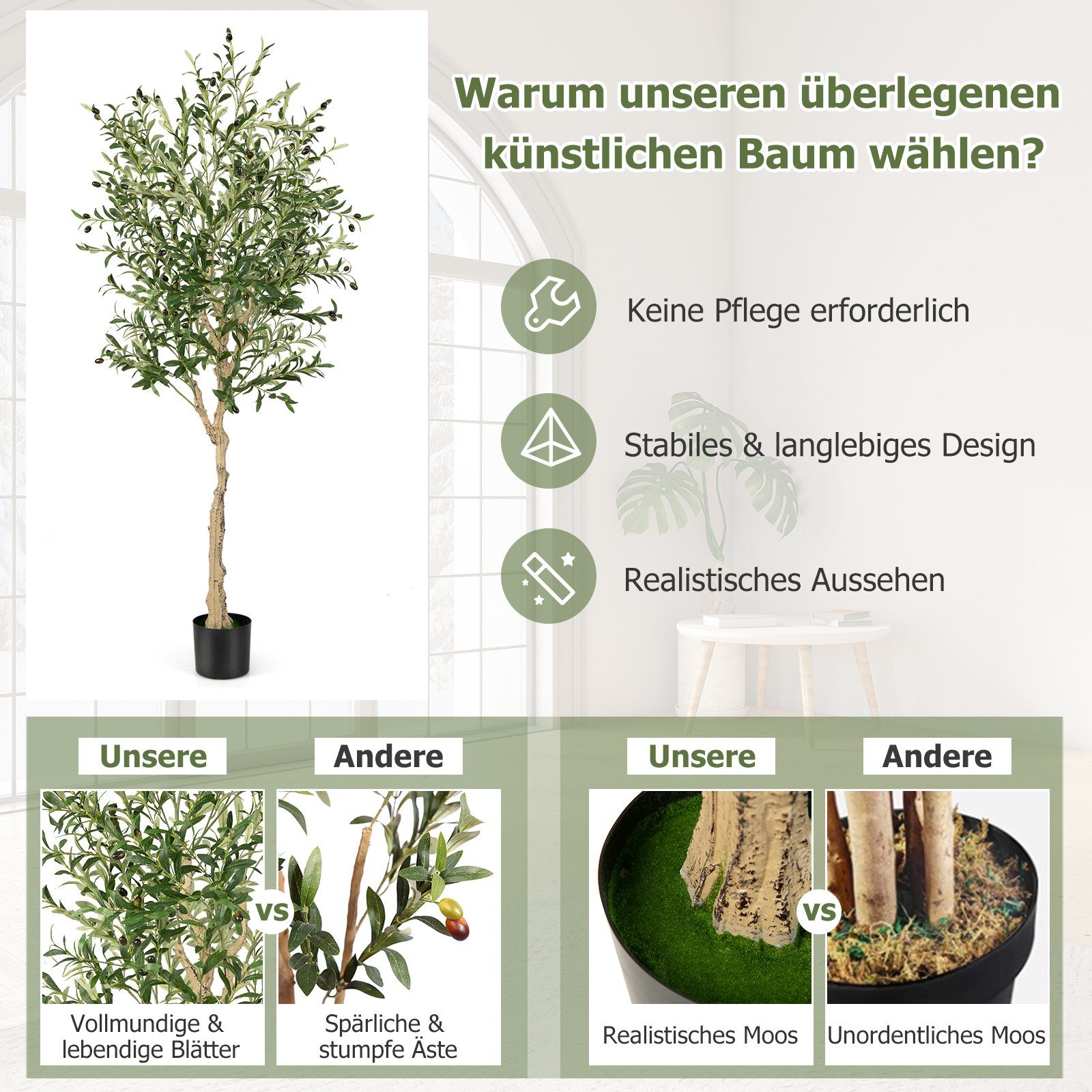 Kunstpflanze Olivenbaum, COSTWAY, Höhe 182 cm, 2er, mit 72 Früchten