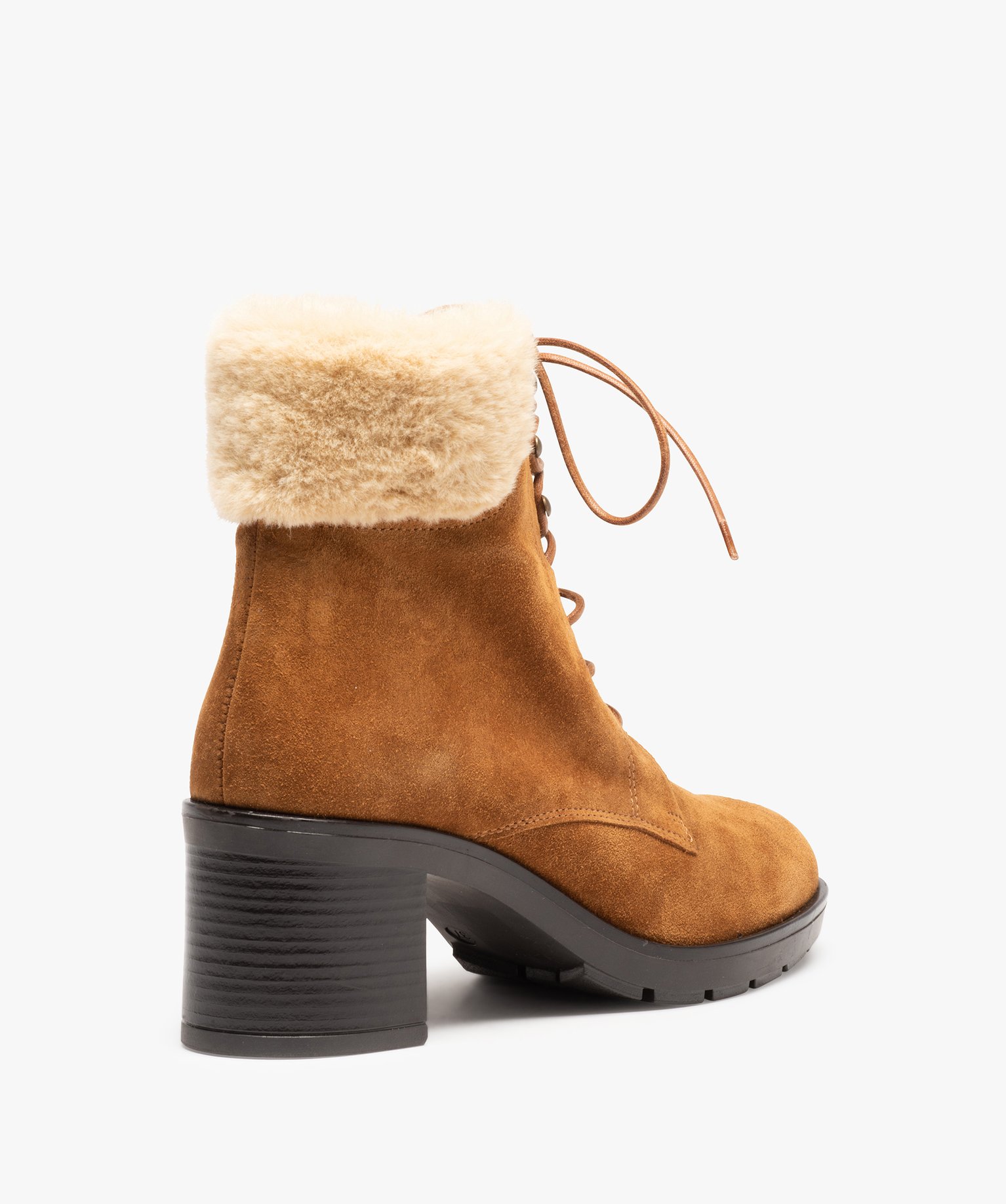 Bottines femme dessus cuir retourné col fourré – Tanéo camel | GEMO