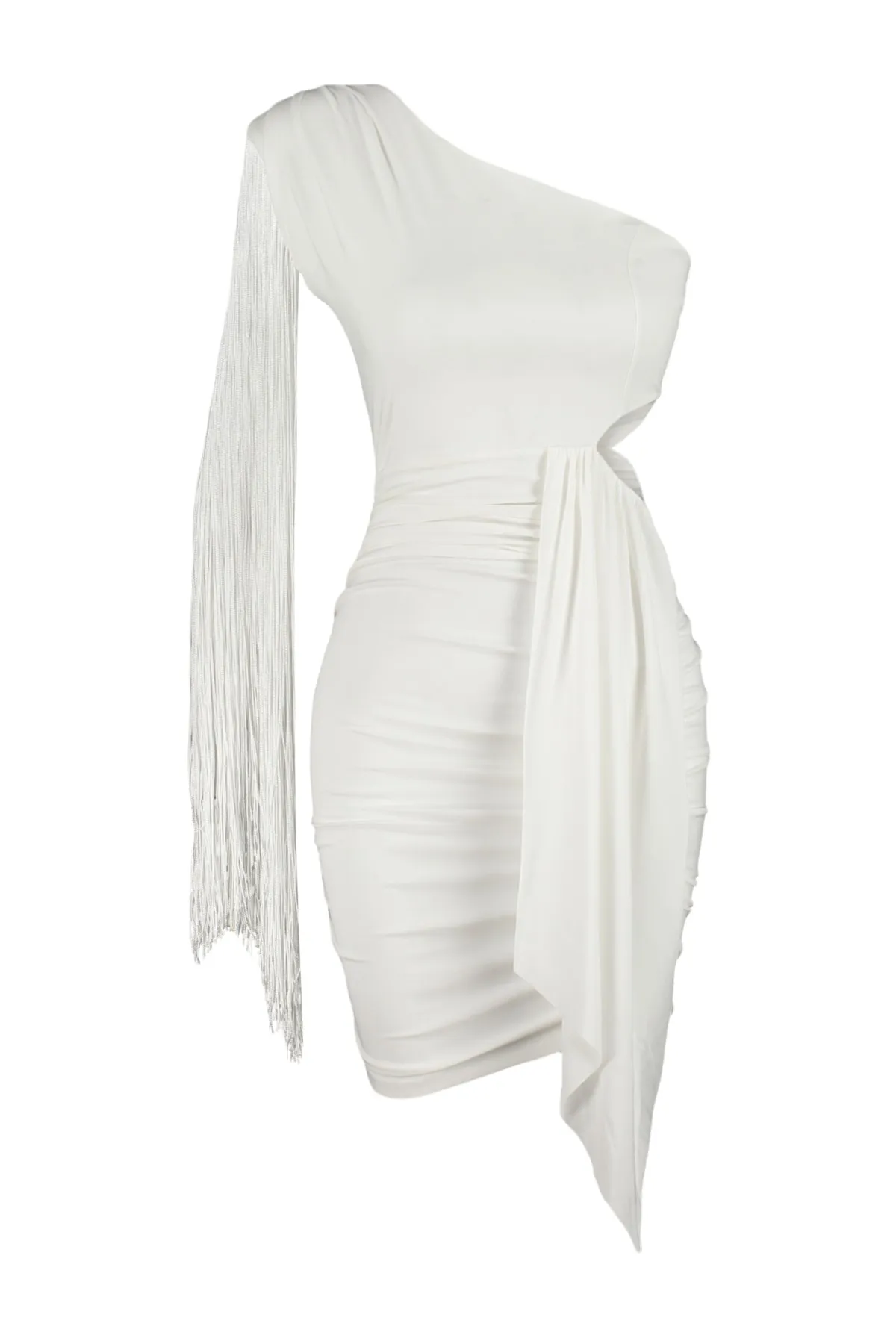 Trendyol Collection  Ecrufarbenes, gefüttertes, gestricktes, mit Quasten besetztes, detailliertes Brautabendkleid mit Fensterausschnitt und Aussparungen TPRSS23EL00181
