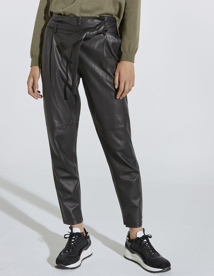 Pantalon noir taille haute en cuir d'agneau femme