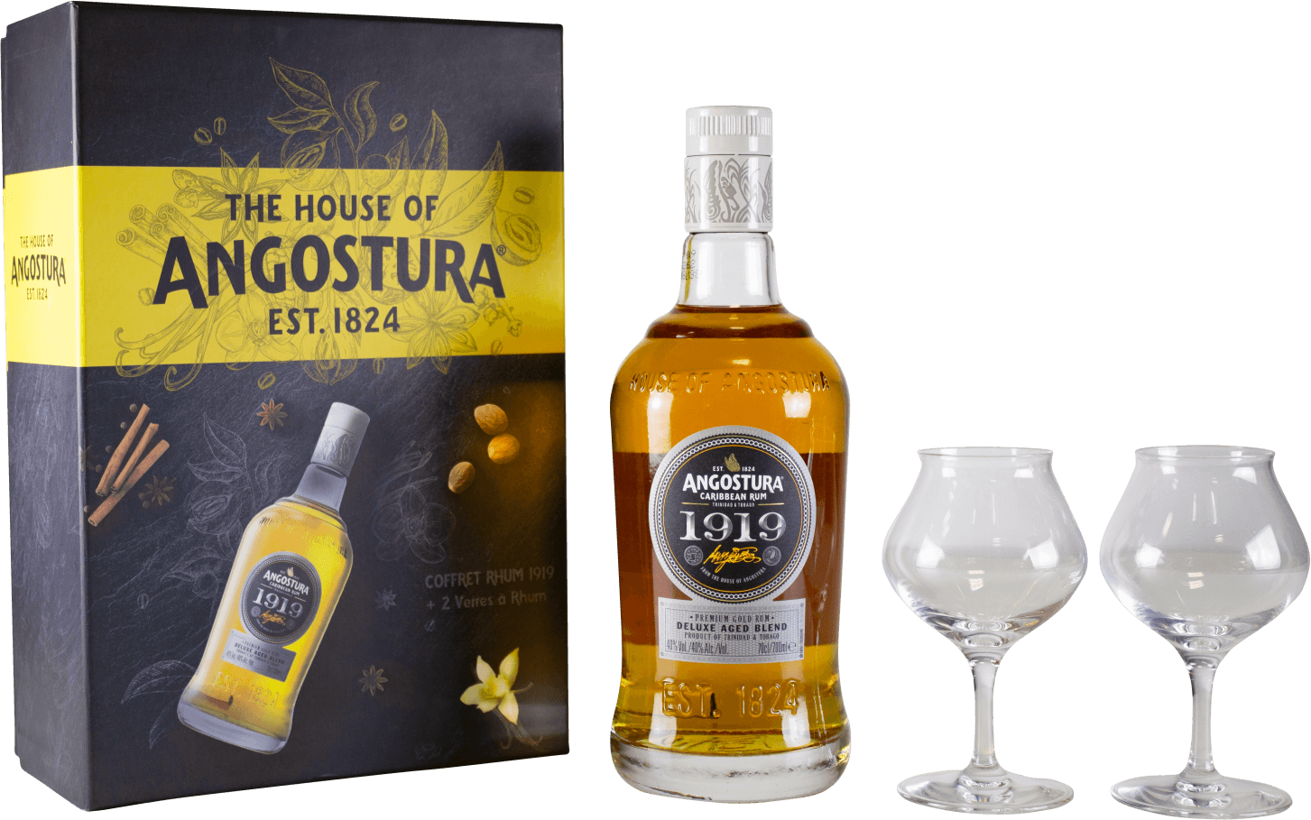 Rhum trinidad &tobago angostura coffret 2 verres 40°