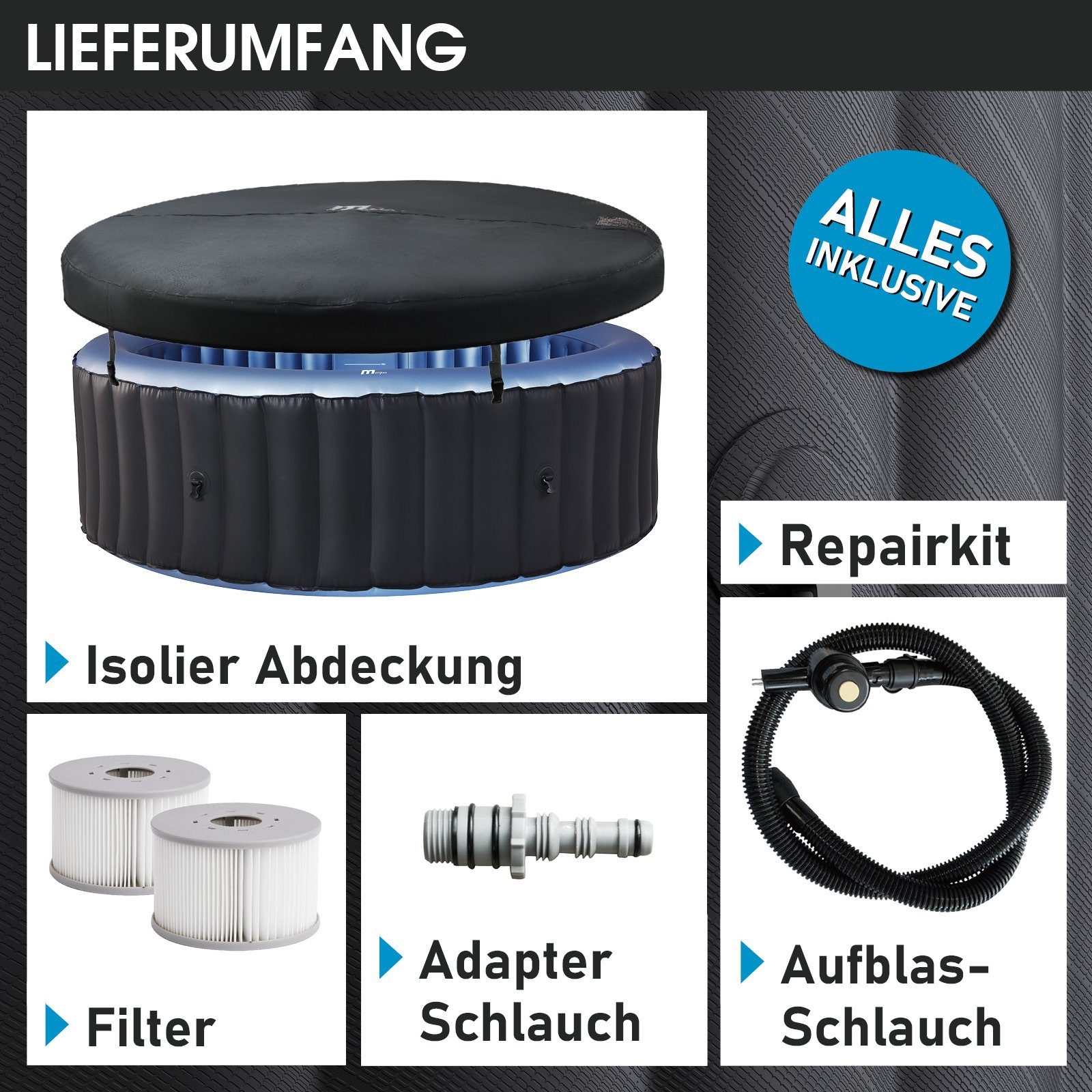 BRAST Whirlpool aufblasbar MSpa Bergen für 4-8 Personen, viele Größen Ø180-224cm, (In- Outdoor Pool, Ganzjähriger Einsatz, bis zu 144 Massagedüsen), Stromsparend inkl. Energiespar-Timer