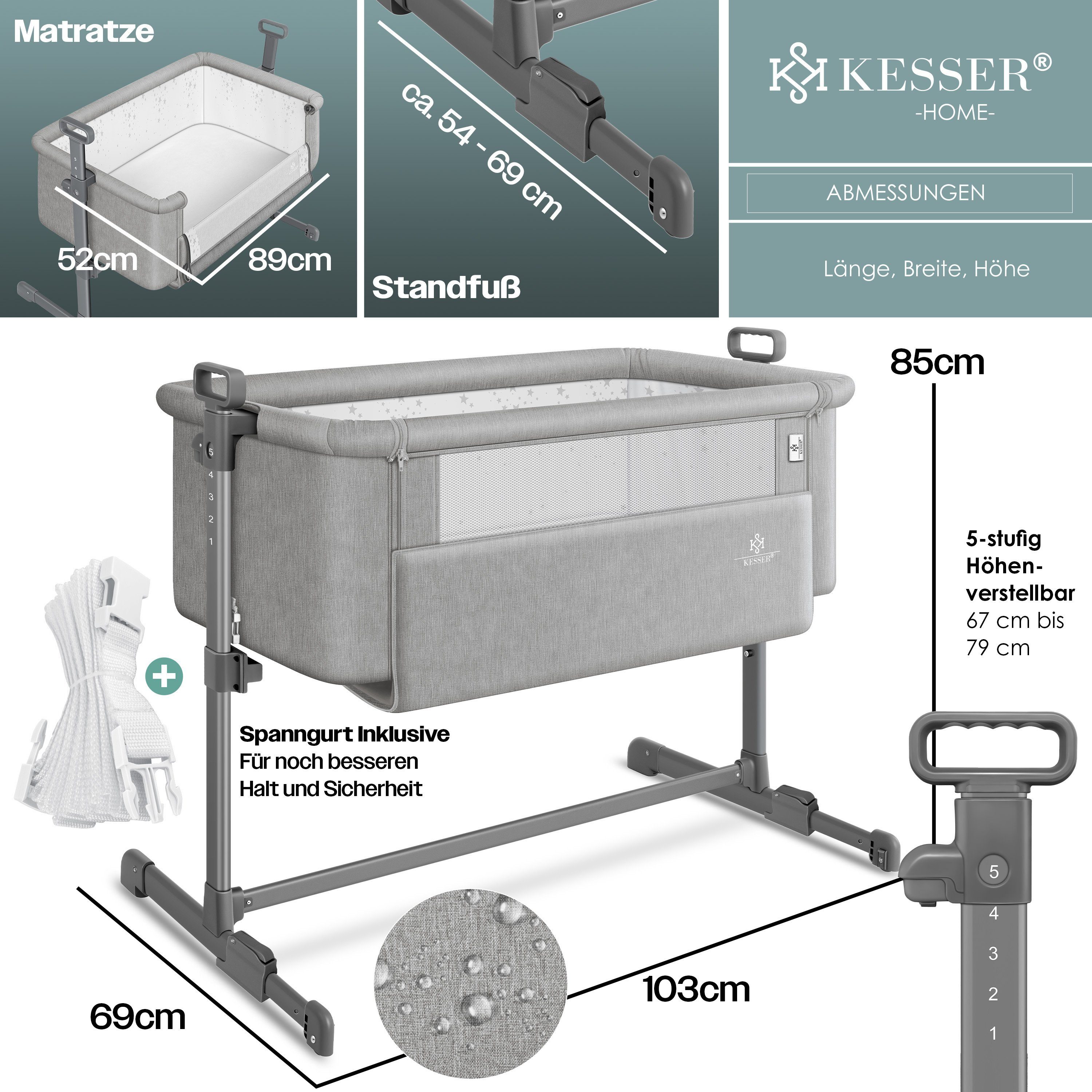 KESSER Kinderbett, Zustellbett Hubi 3in1 Baby Beistellbett Reisebett Babybett