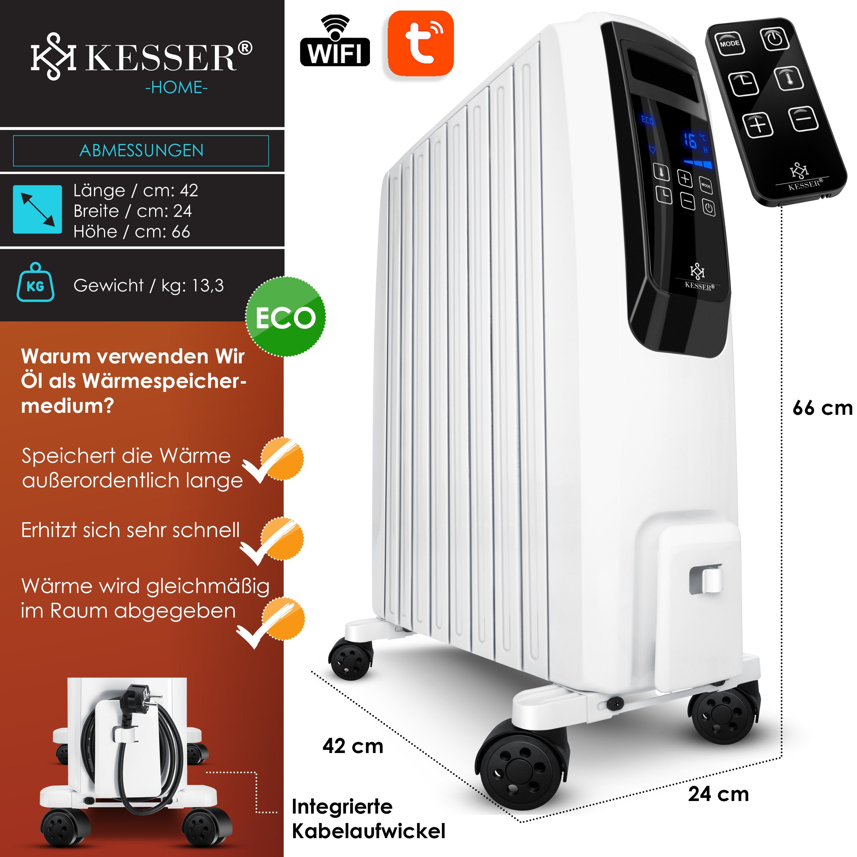KESSER Ölradiator, 2000 W, Ölradiator mit WiFi App Fernbedienung digitalem Display