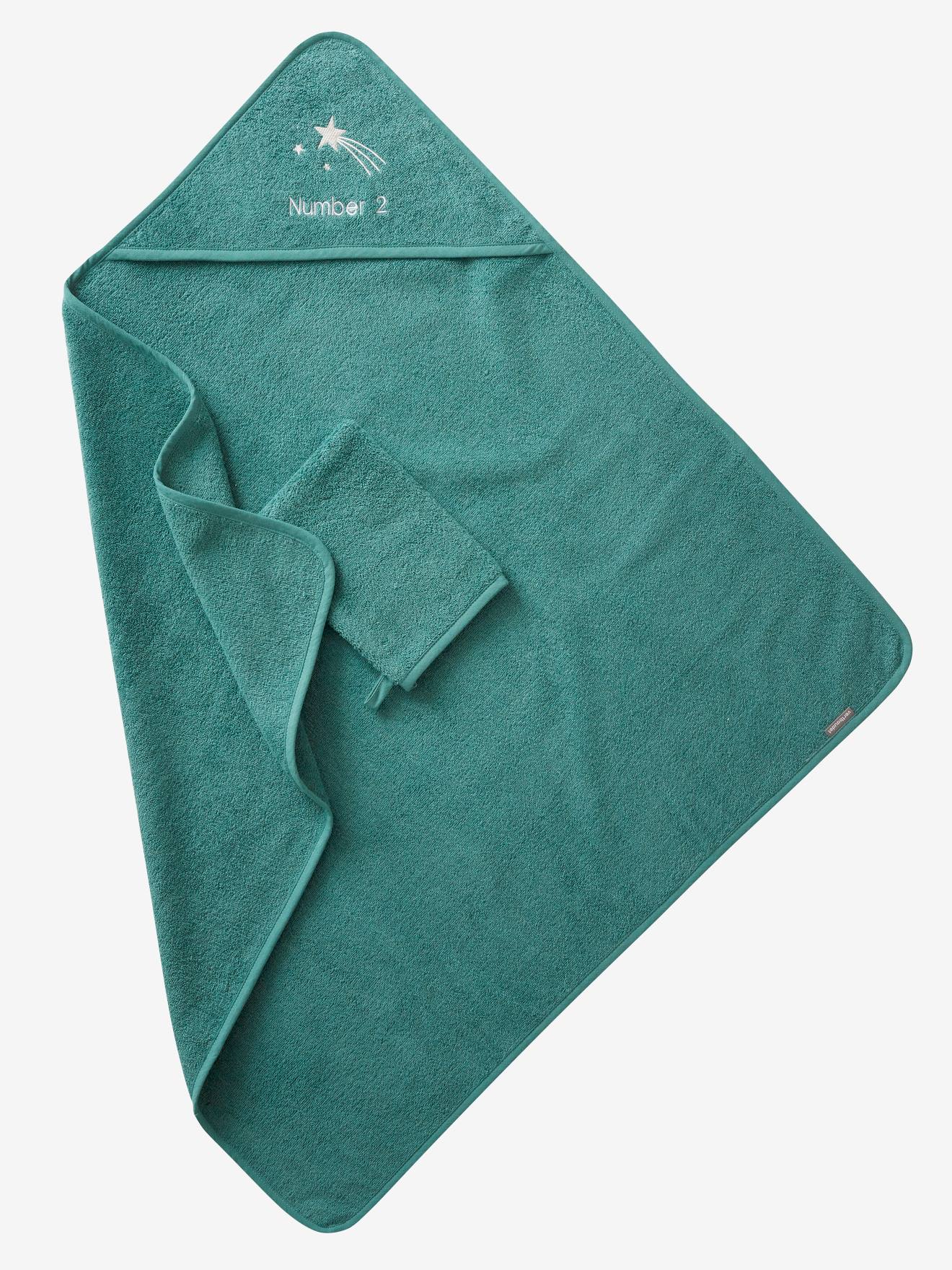 Vertbaudet Baby Kapuzenbadetuch & Waschhandschuh Oeko-Tex, personalisierbar - blau