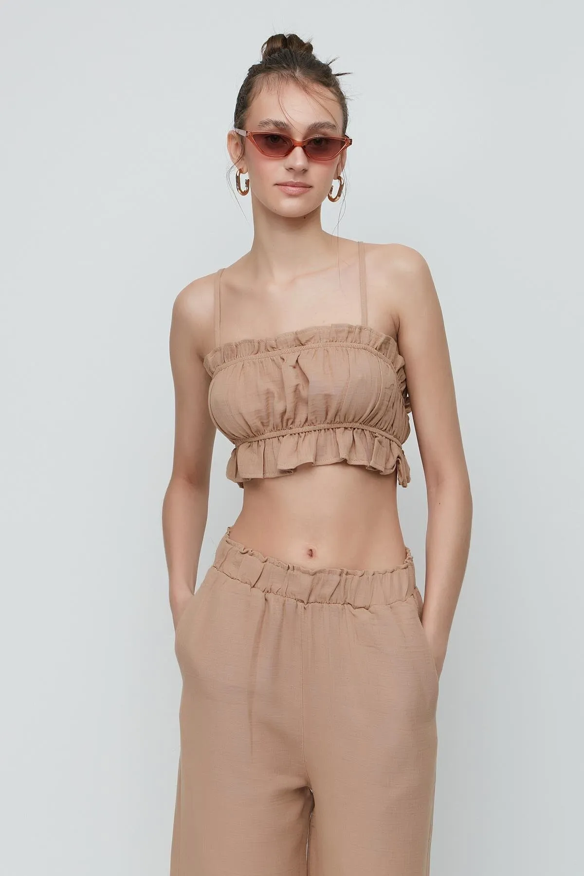 C&City  Crop-Bustier-Hosen-Set aus Bio-Baumwoll-Musselin 9124 Beige