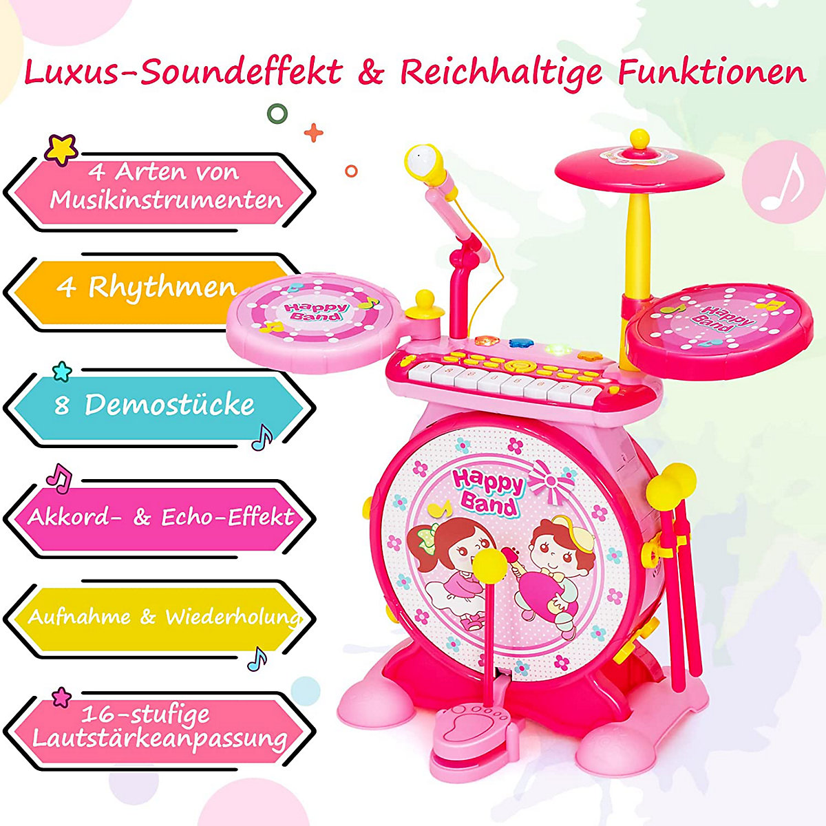 E Trommel mit Keyboard mit Hocker & Mikrofon & LED