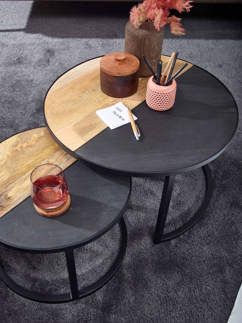 Skyport WOHNLING Couchtisch 2 teilig Wohnzimmertisch Massivholz Rund Beistelltisch Tisch